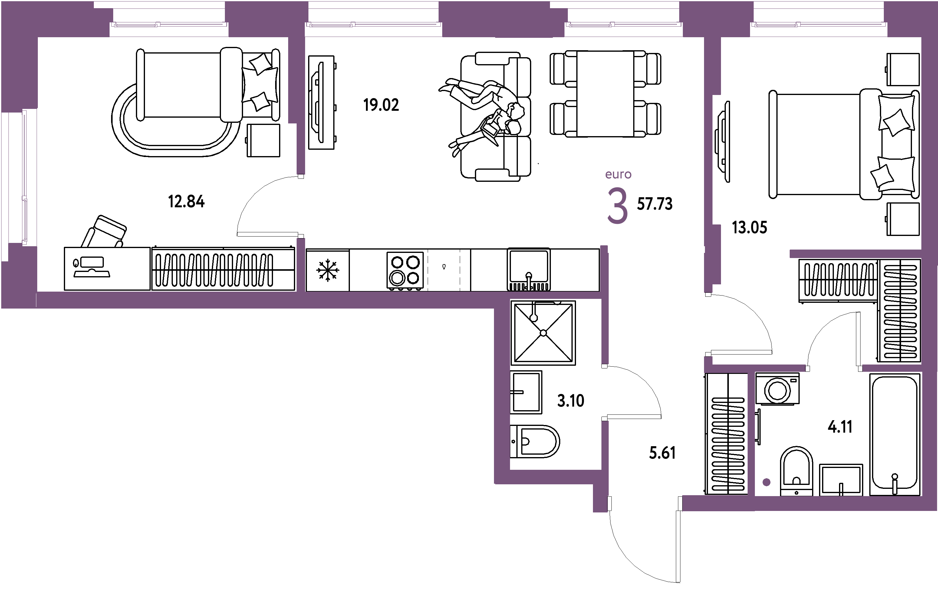 ЖК "Европейский берег 2.0"-3-комнатная 57.73 м²