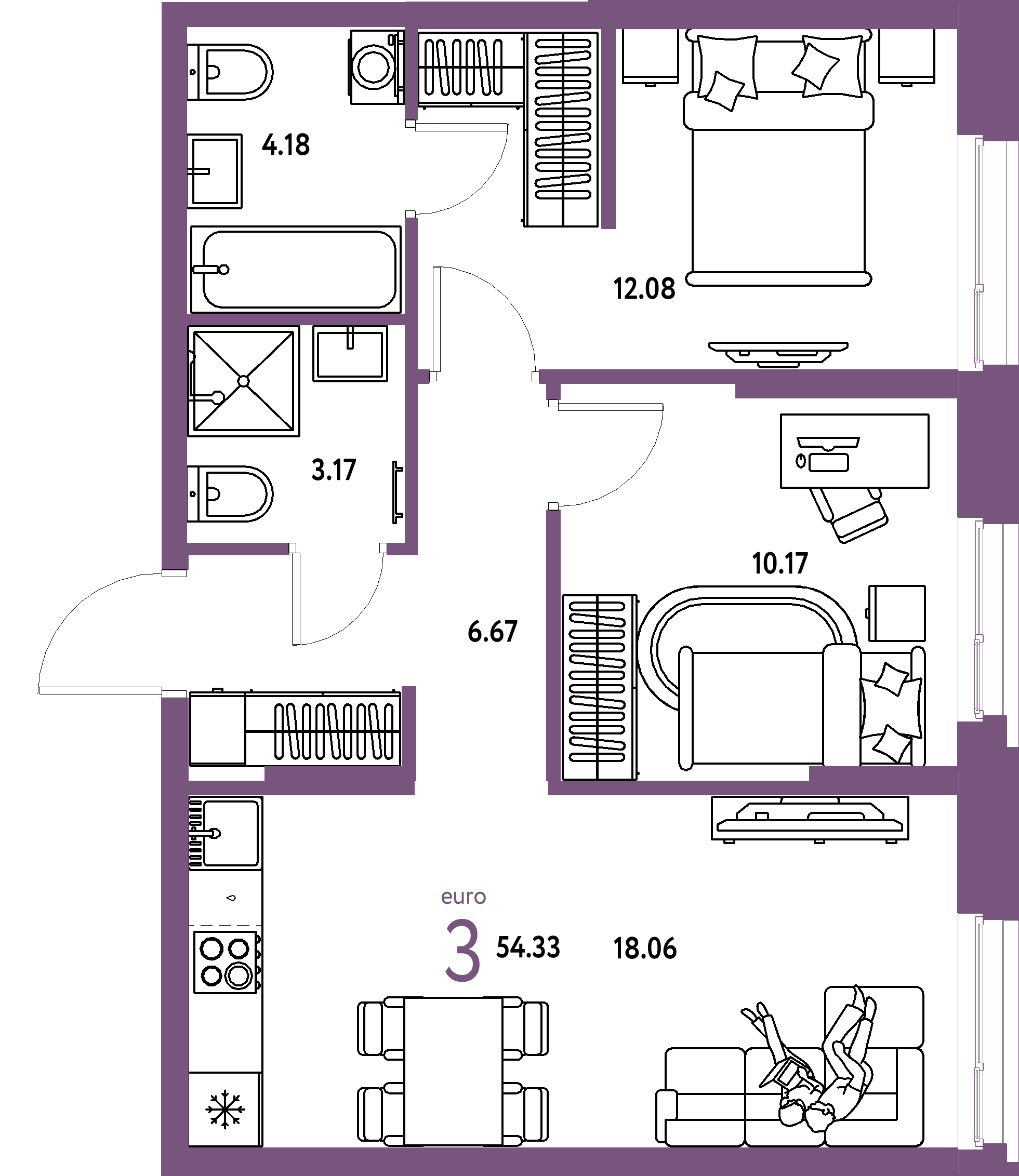 ЖК "Европейский берег 2.0"-3-комнатная 54.33 м²