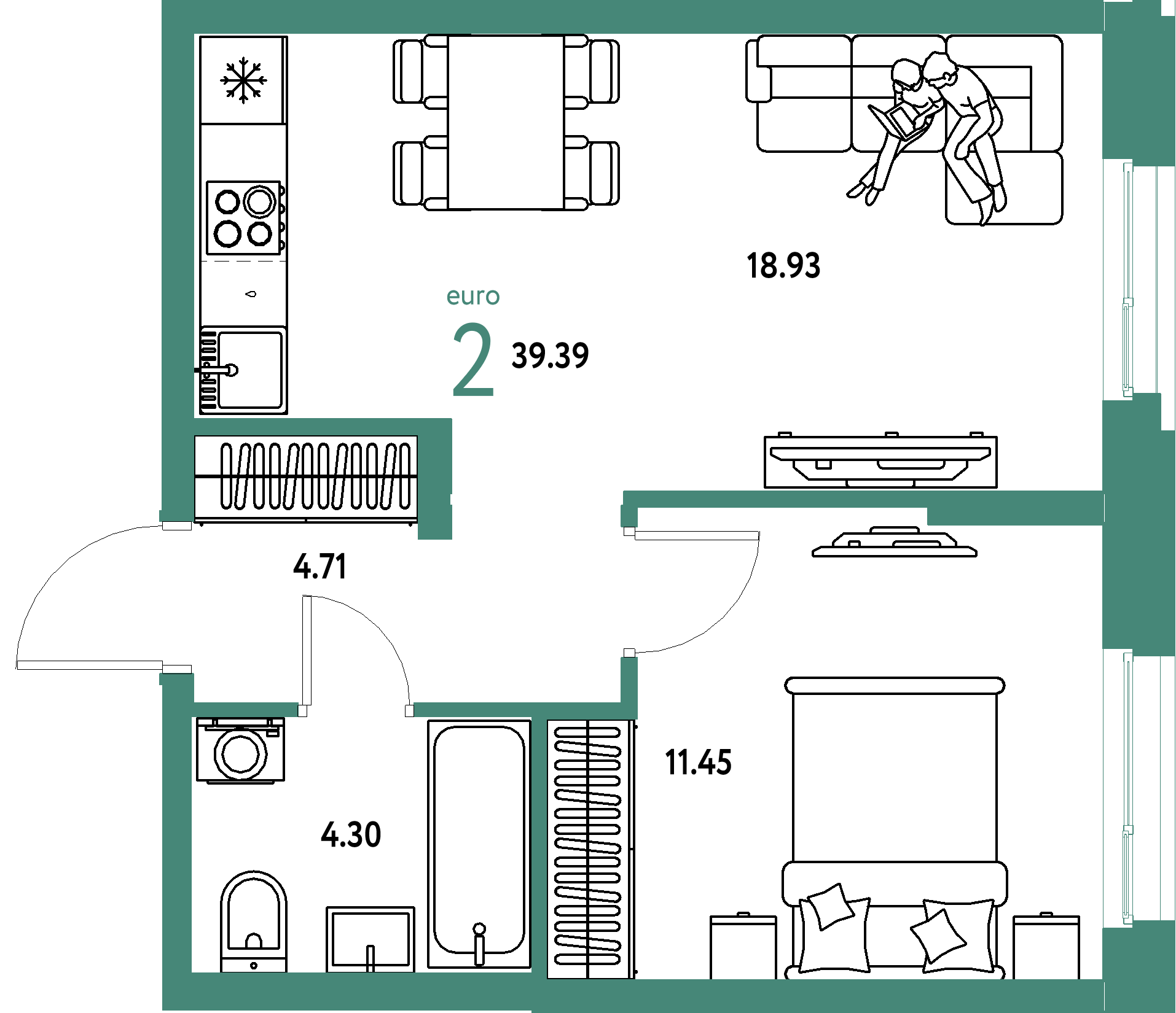 ЖК "Европейский берег 2.0"-2-комнатная 39.39 м²