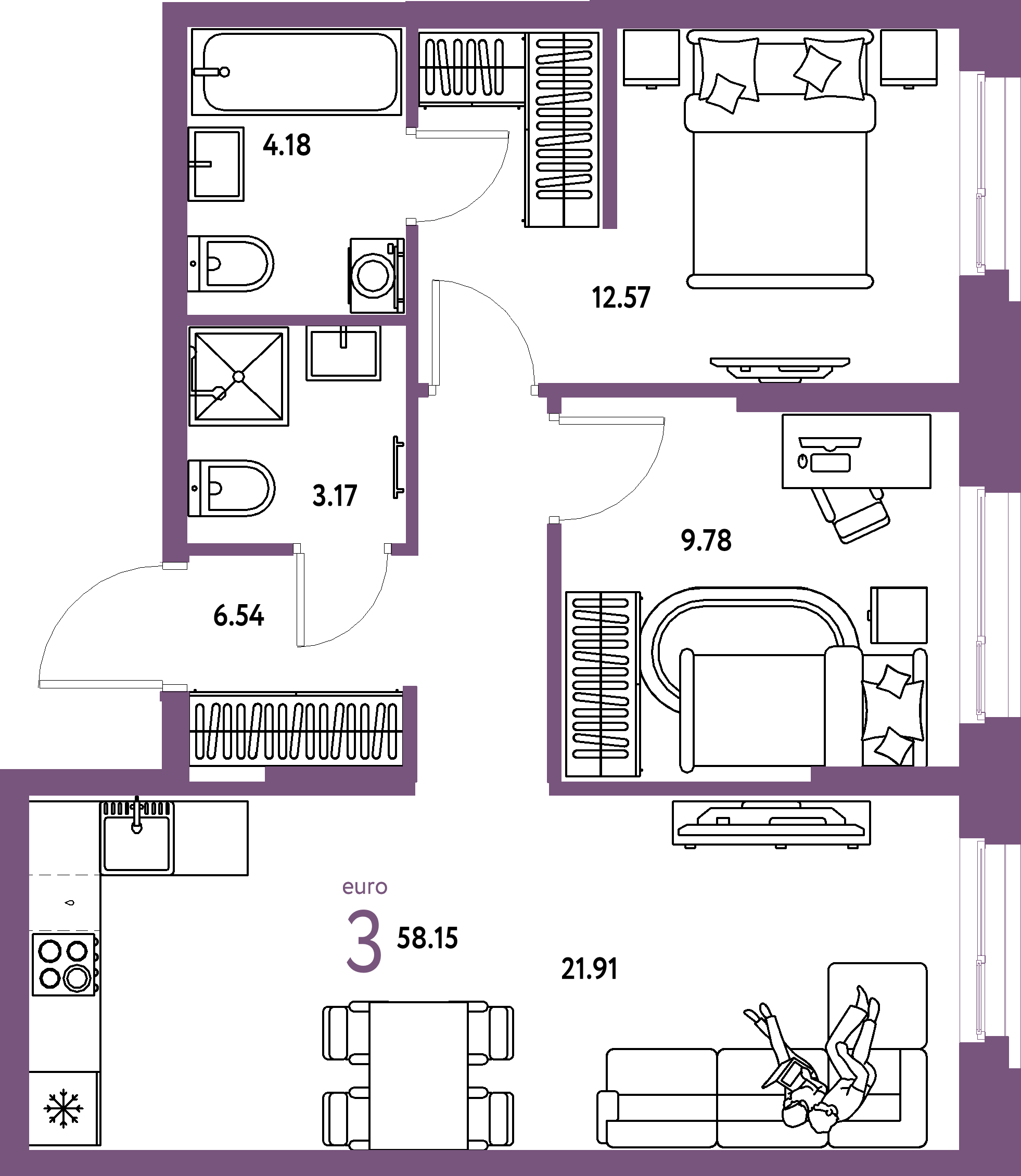 ЖК "Европейский берег 2.0"-3-комнатная 58.15 м²