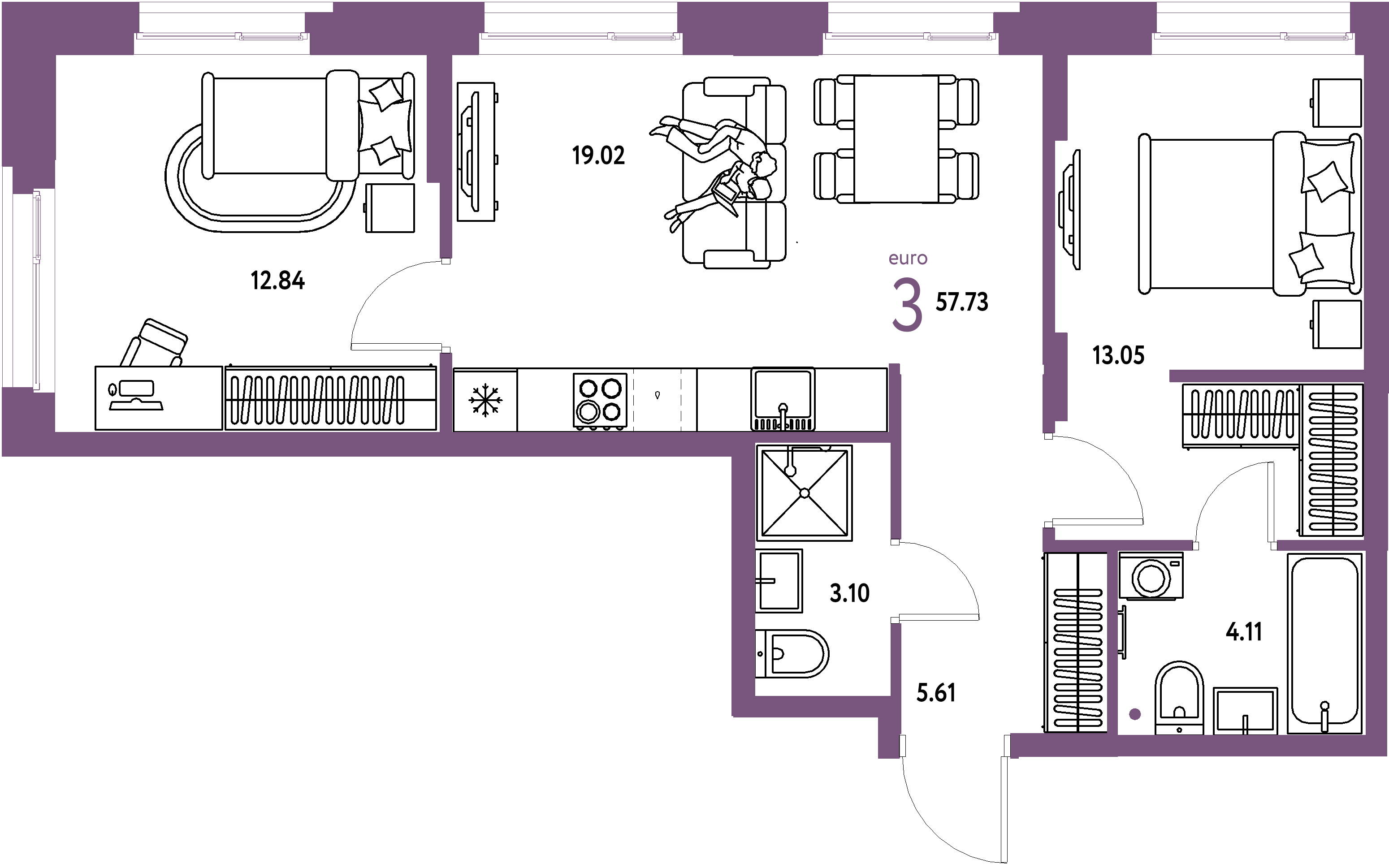 ЖК "Европейский берег 2.0"-3-комнатная 57.73 м²