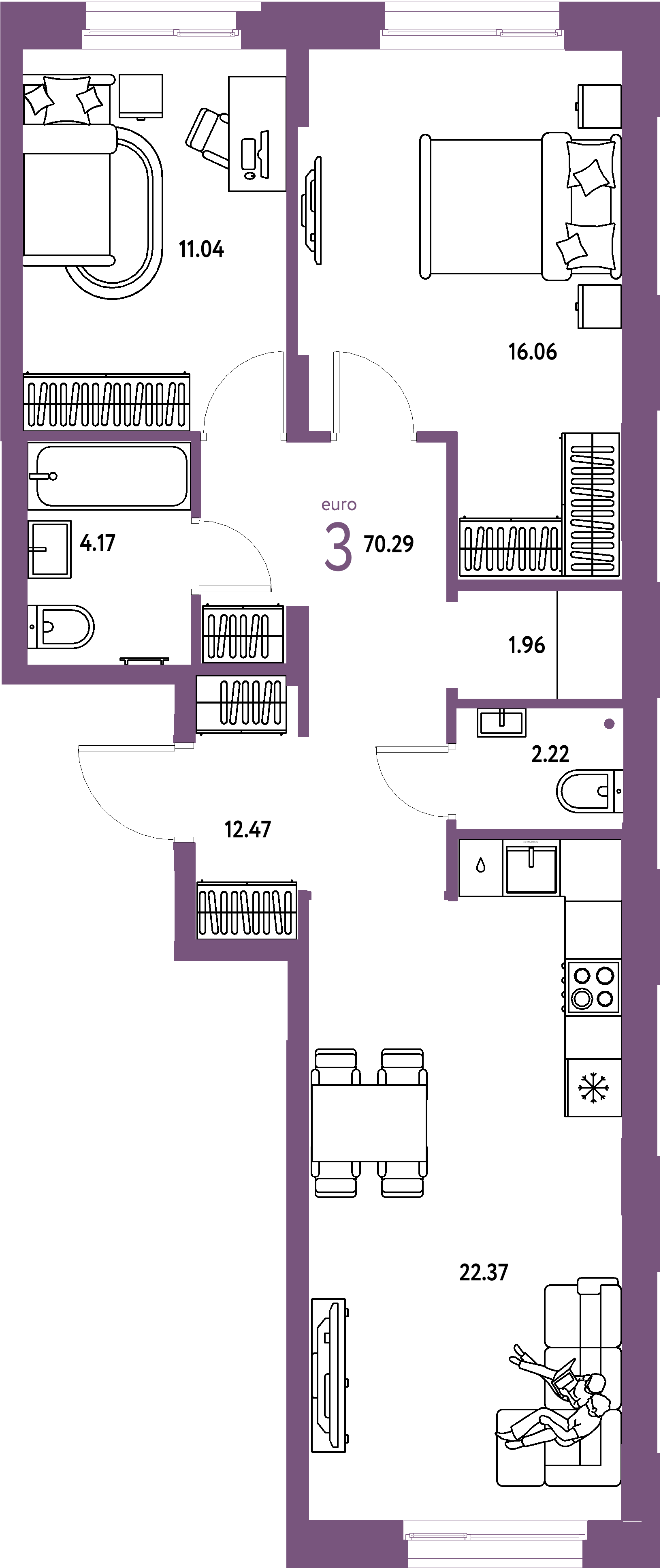 ЖК "Европейский берег 2.0"-3-комнатная 70.29 м²