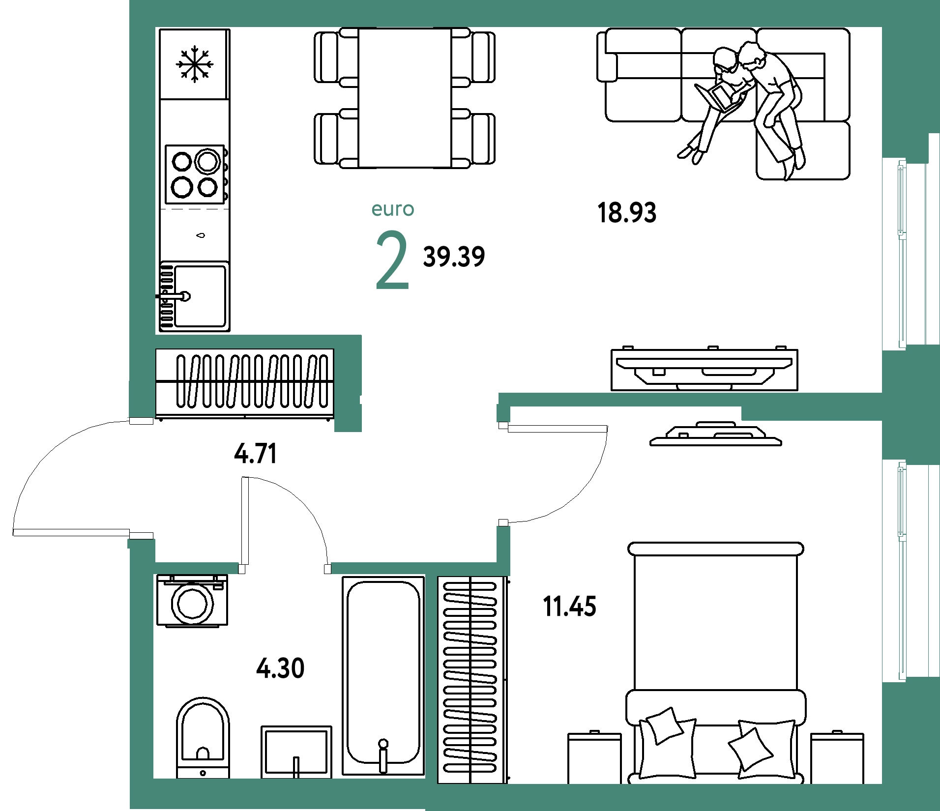 ЖК "Европейский берег 2.0"-2-комнатная 39.39 м²