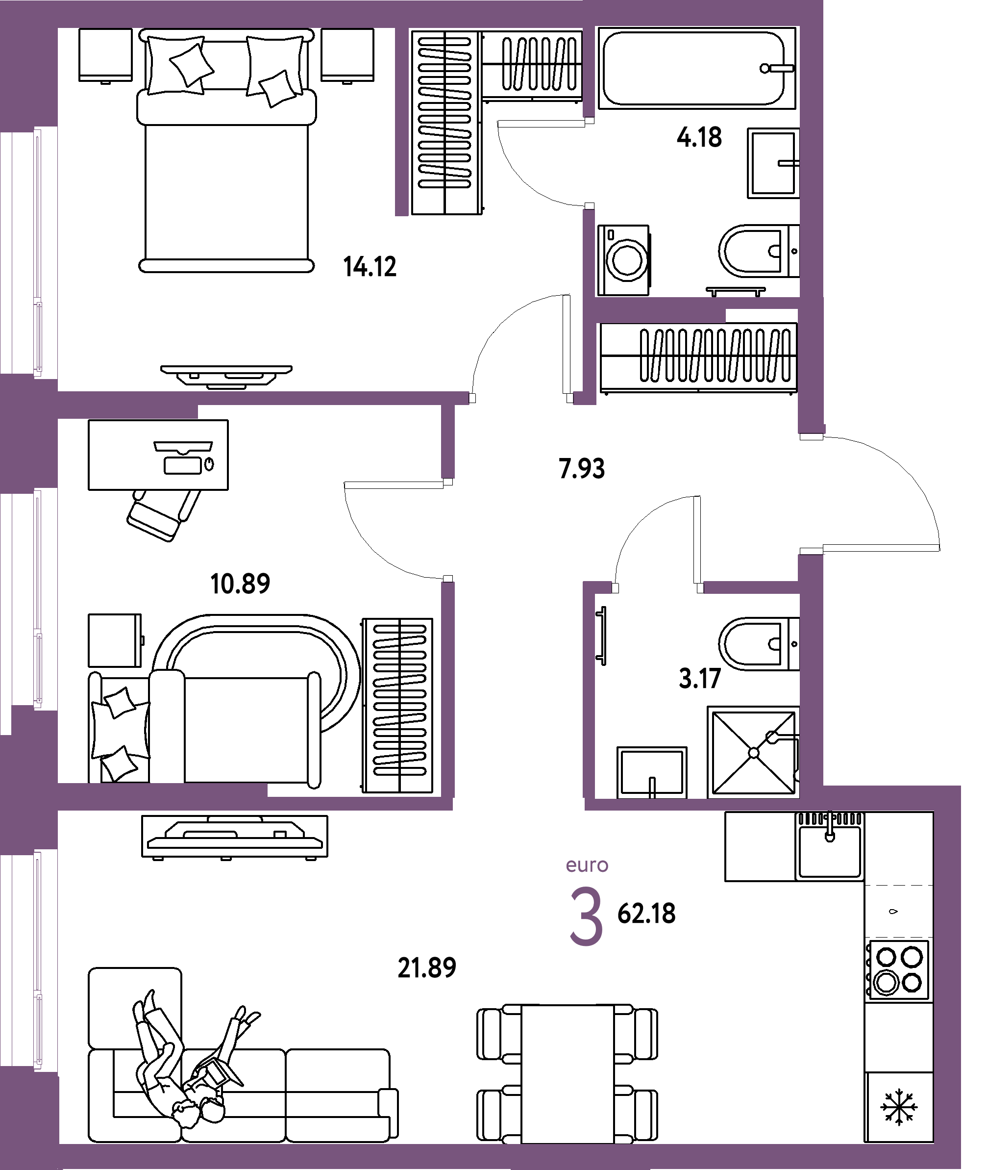 ЖК "Европейский берег 2.0"-3-комнатная 62.18 м²