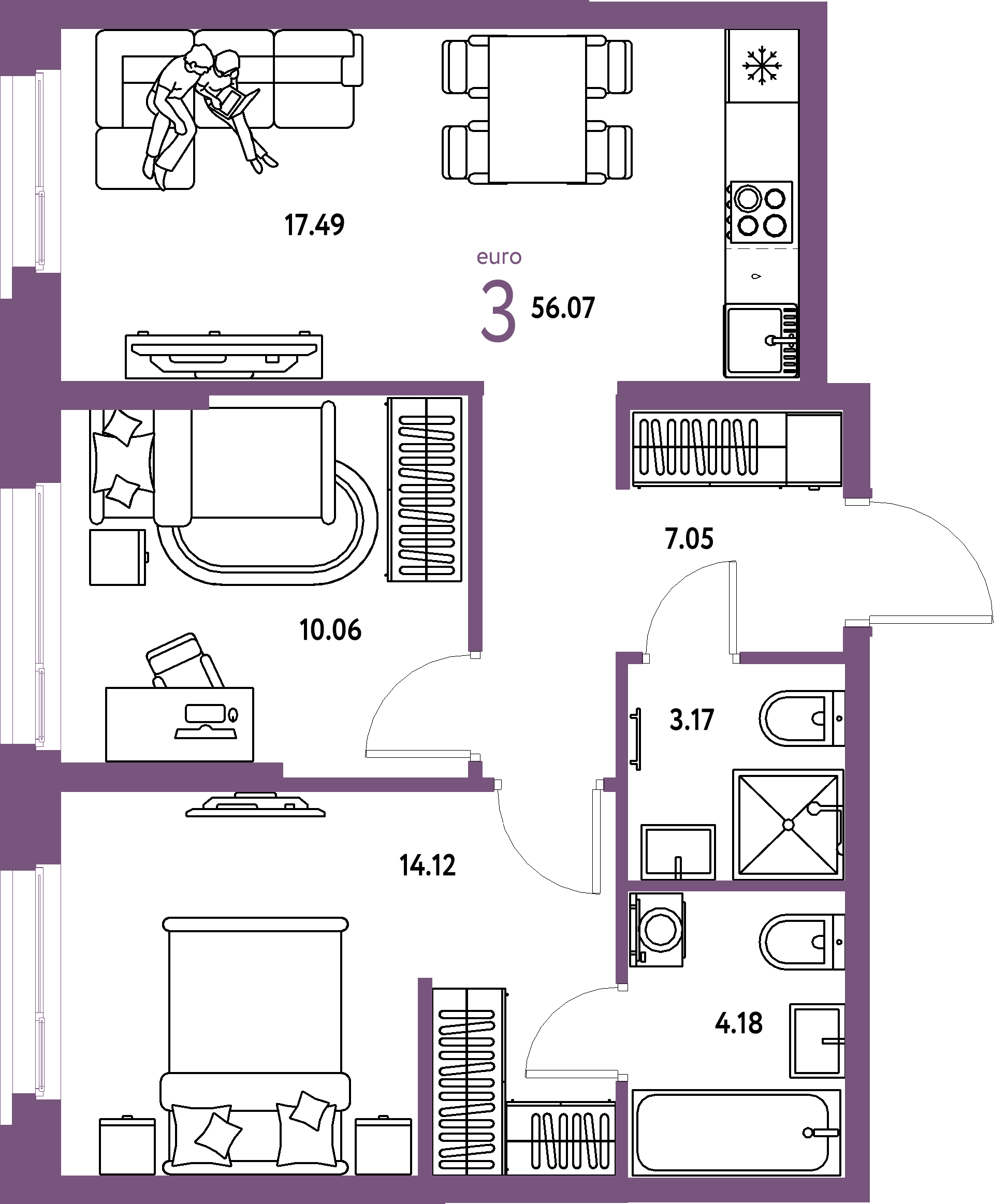 ЖК "Европейский берег 2.0"-3-комнатная 56.07 м²