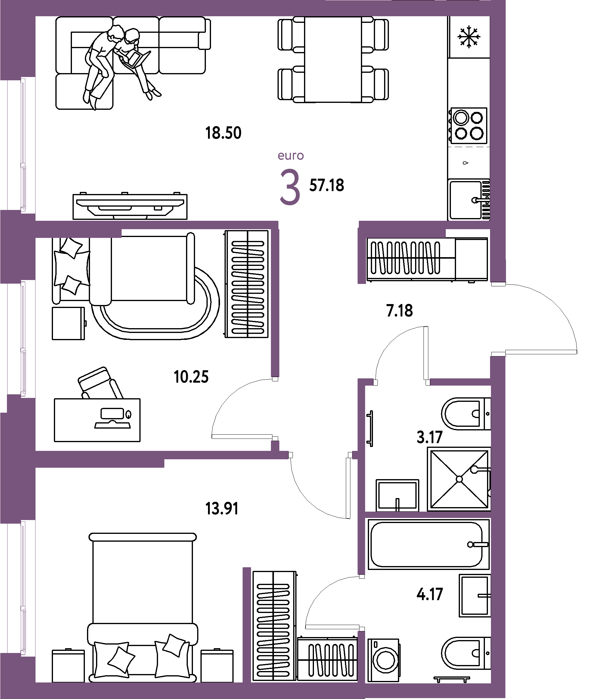 ЖК "Европейский берег 2.0"-3-комнатная 57.18 м²