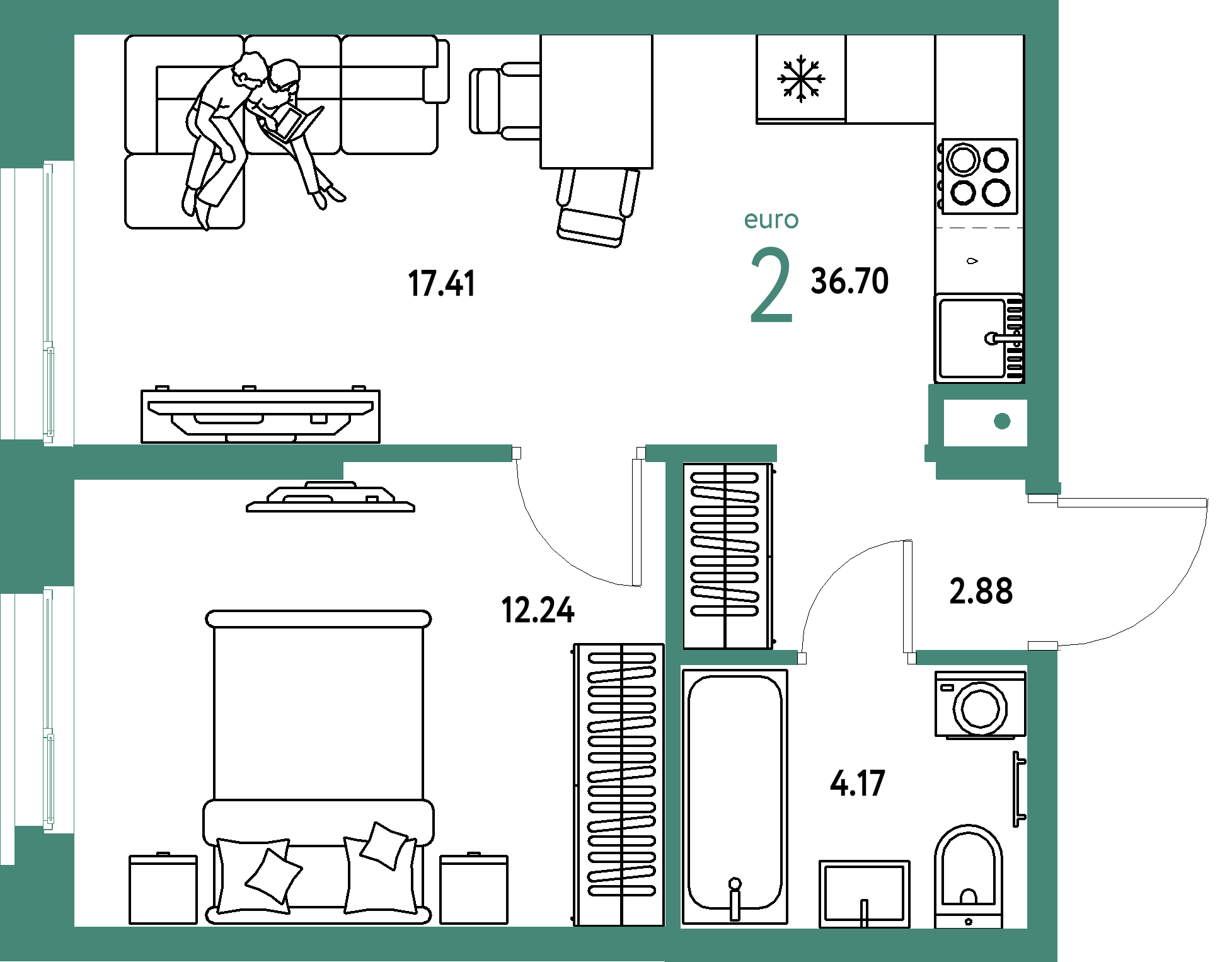 ЖК "Европейский берег 2.0"-2-комнатная 36.7 м²