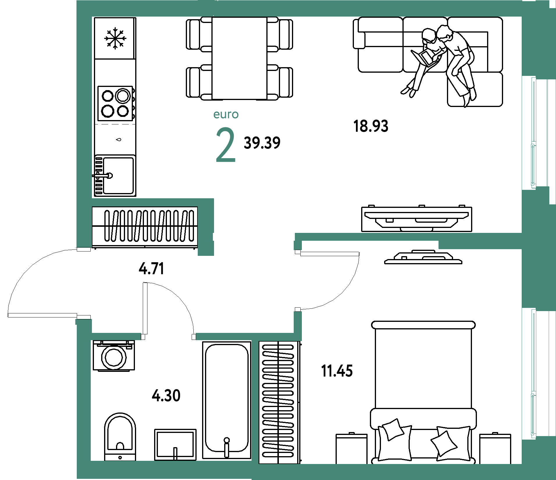 ЖК "Европейский берег 2.0"-2-комнатная 39.39 м²