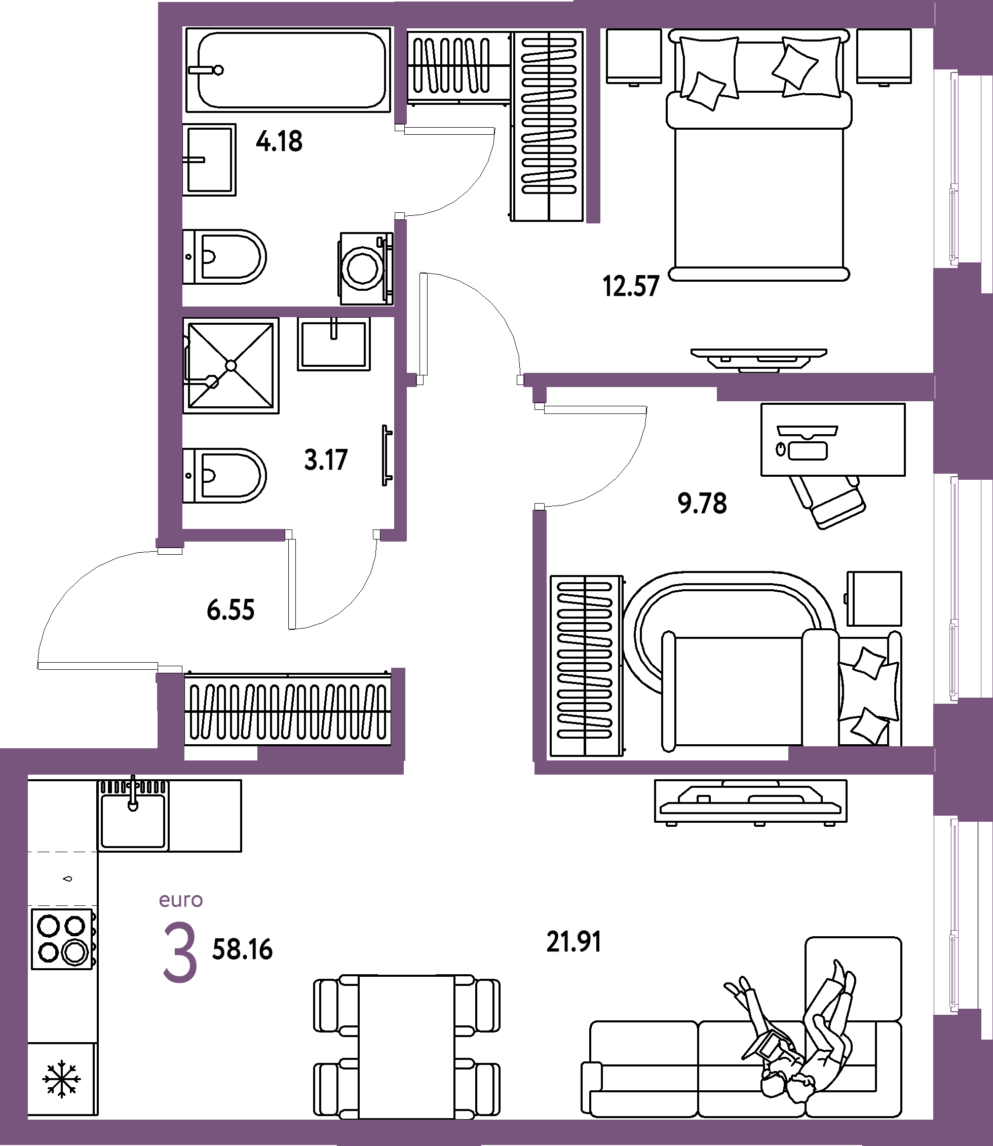 ЖК "Европейский берег 2.0"-3-комнатная 58.16 м²