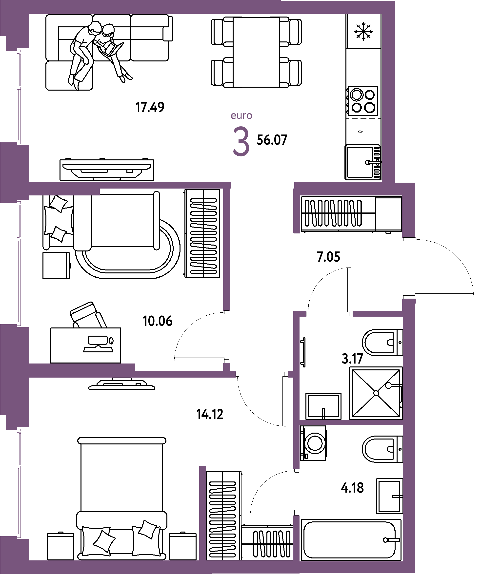 ЖК "Европейский берег 2.0"-3-комнатная 56.07 м²