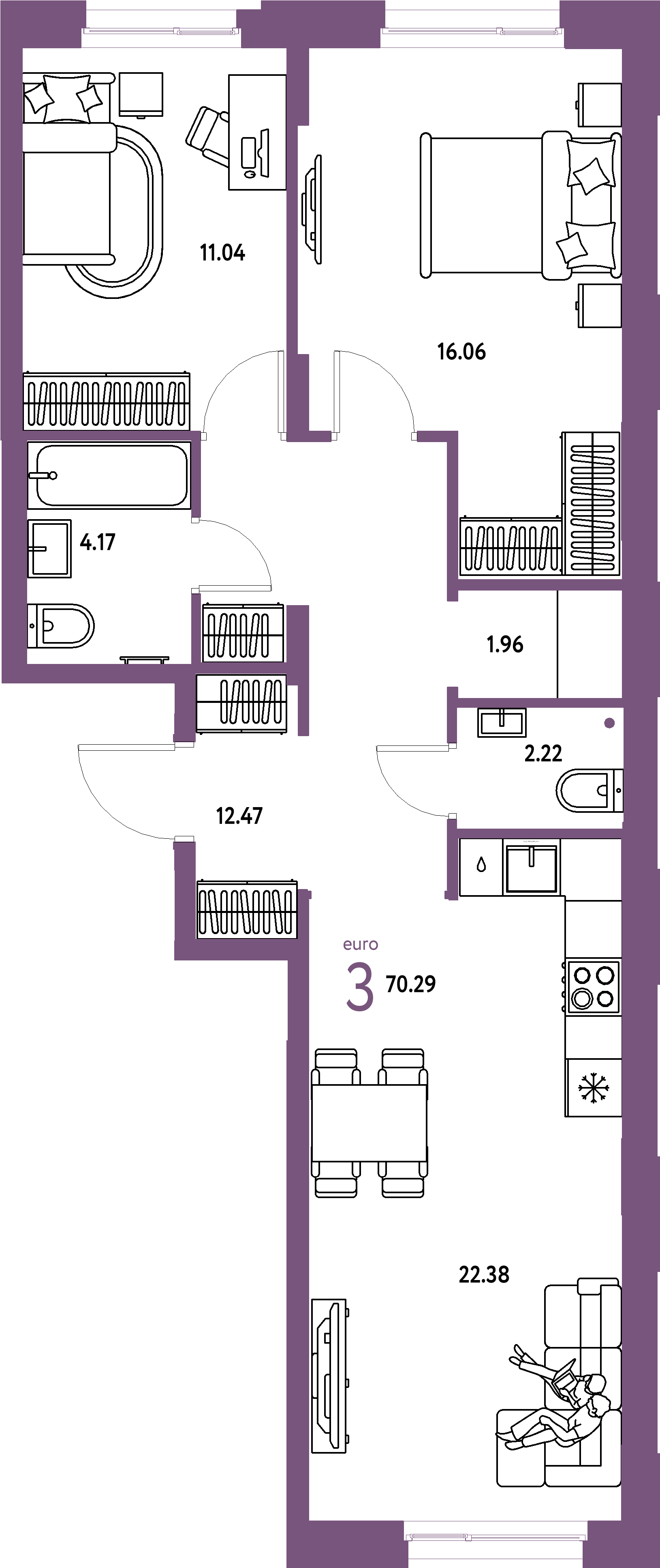ЖК "Европейский берег 2.0"-3-комнатная 70.29 м²
