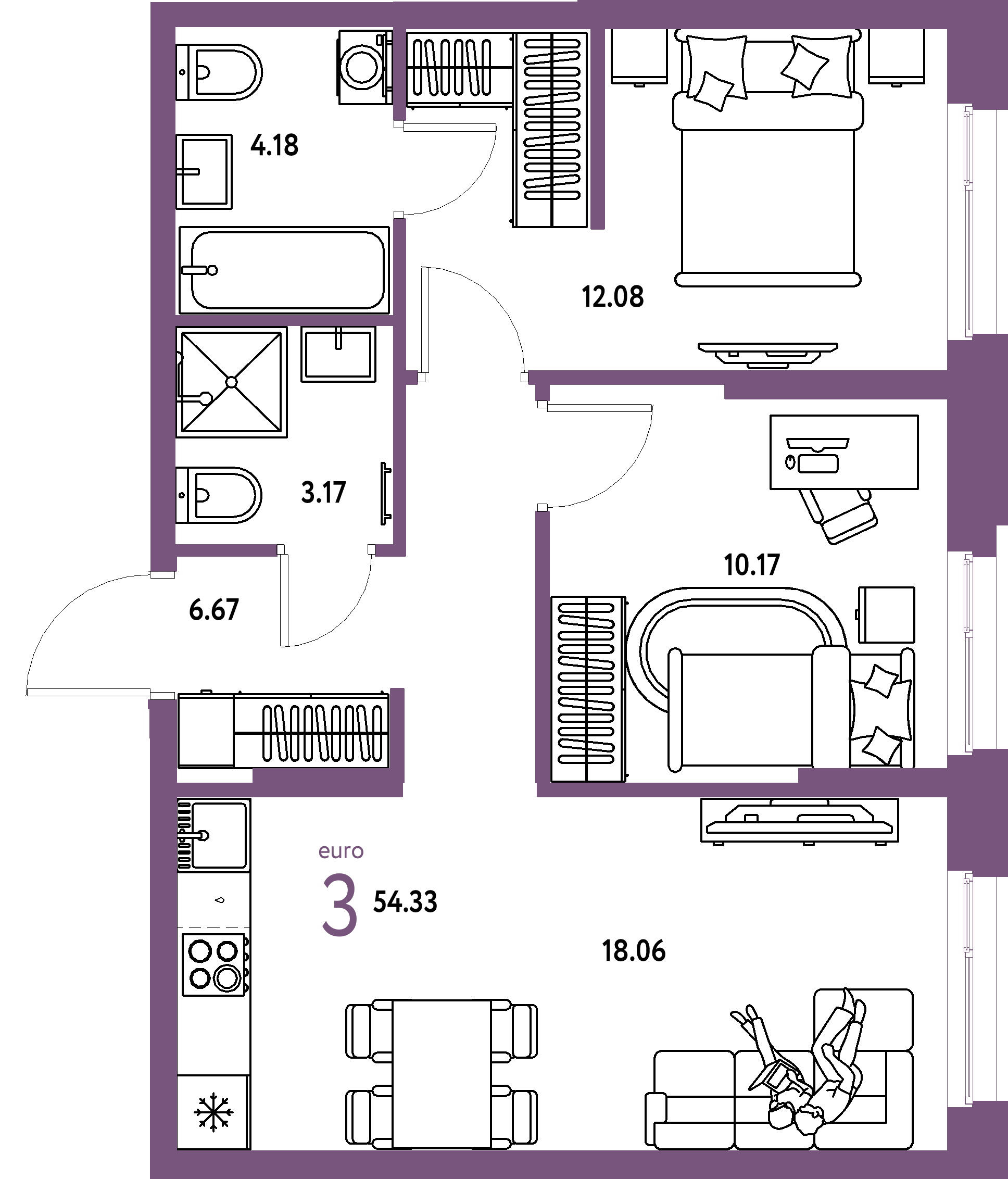 ЖК "Европейский берег 2.0"-3-комнатная 54.33 м²