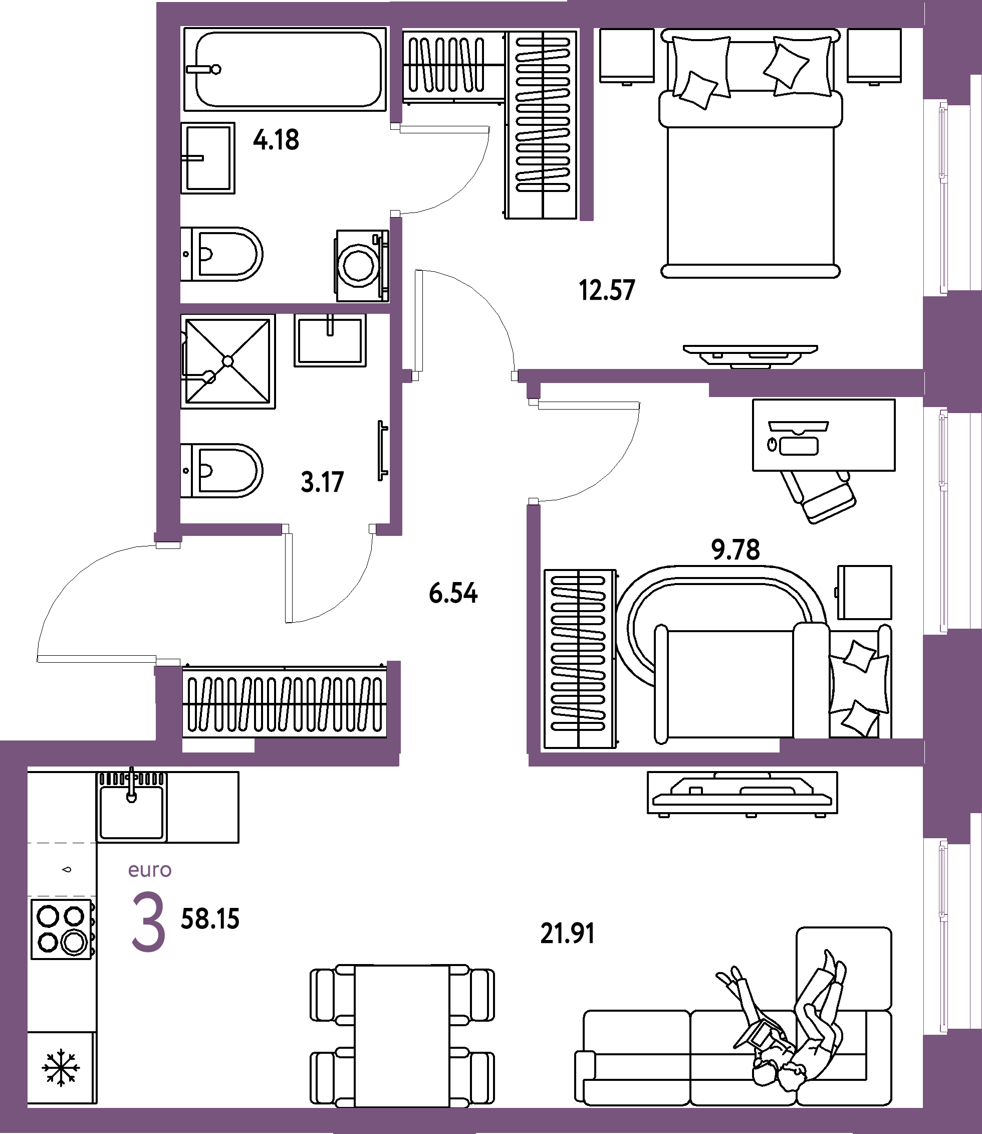 ЖК "Европейский берег 2.0"-3-комнатная 58.15 м²