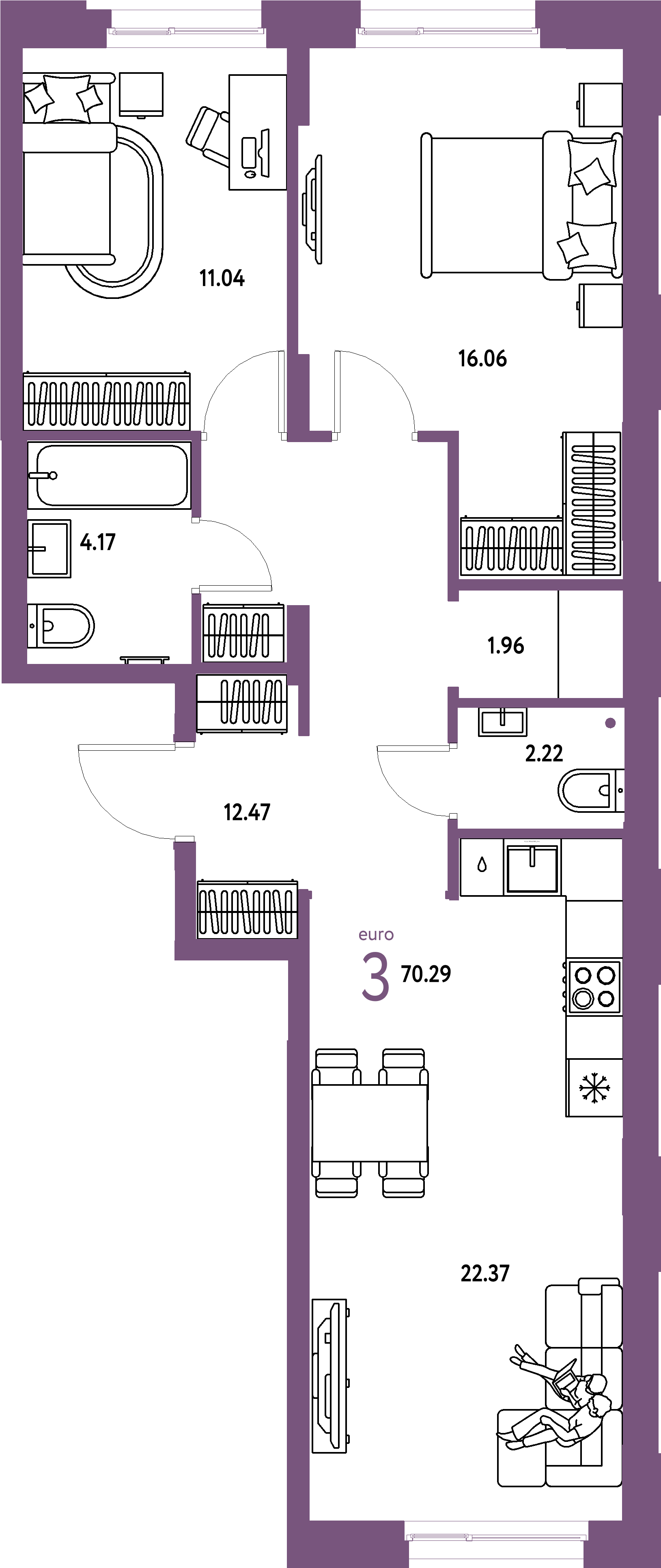 ЖК "Европейский берег 2.0"-3-комнатная 70.29 м²