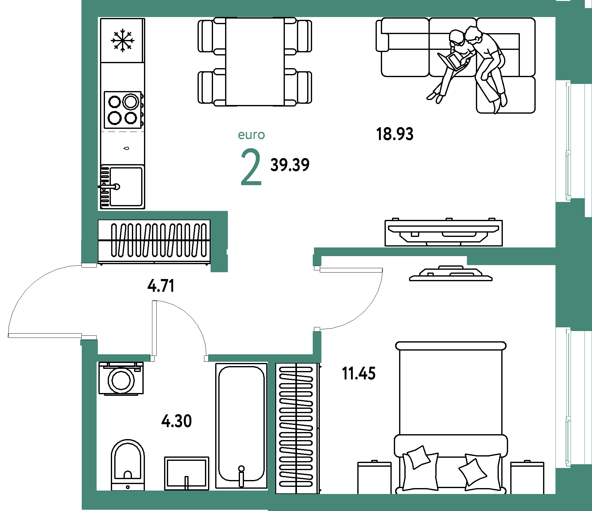 ЖК "Европейский берег 2.0"-2-комнатная 39.39 м²