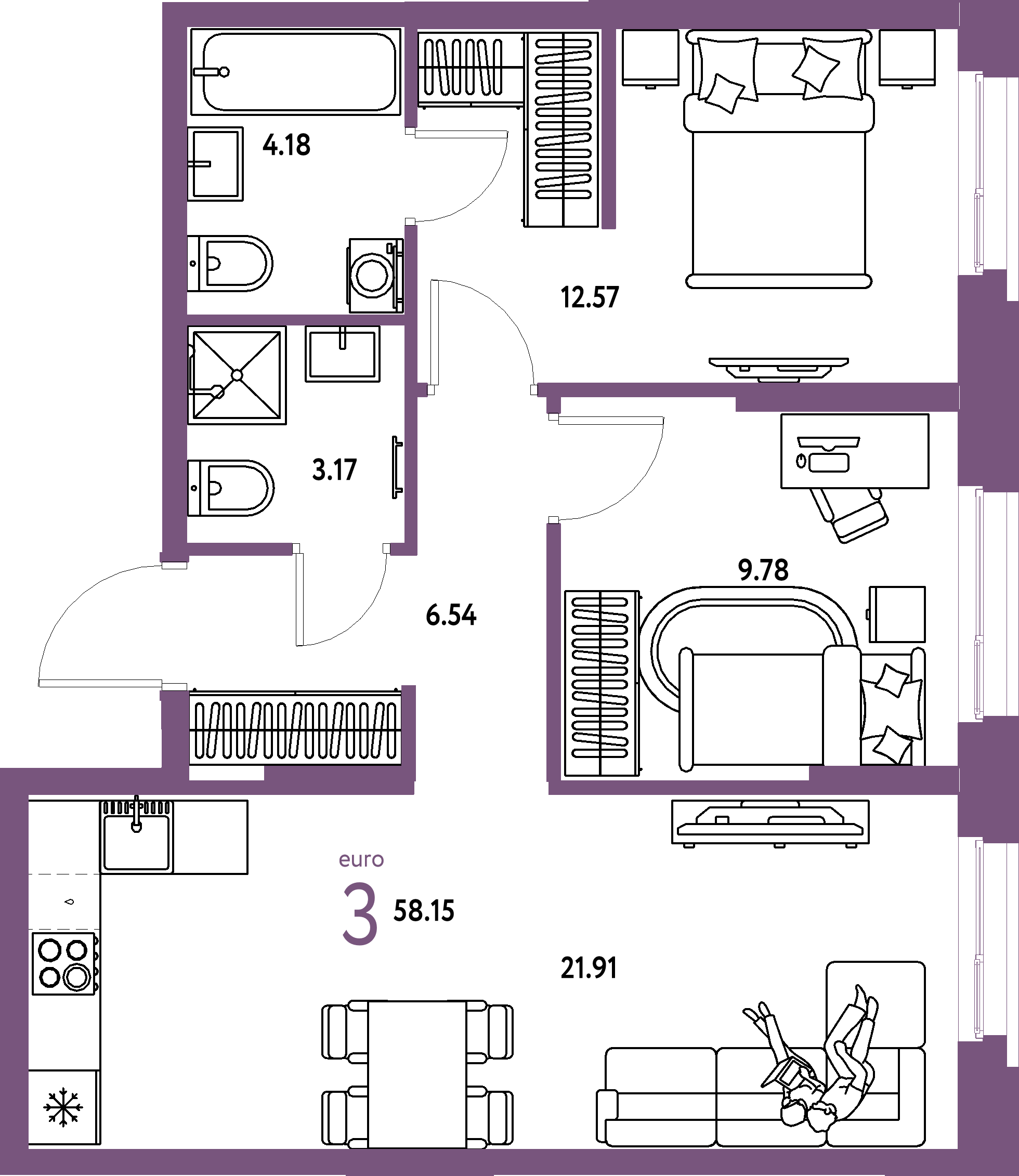 ЖК "Европейский берег 2.0"-3-комнатная 58.15 м²
