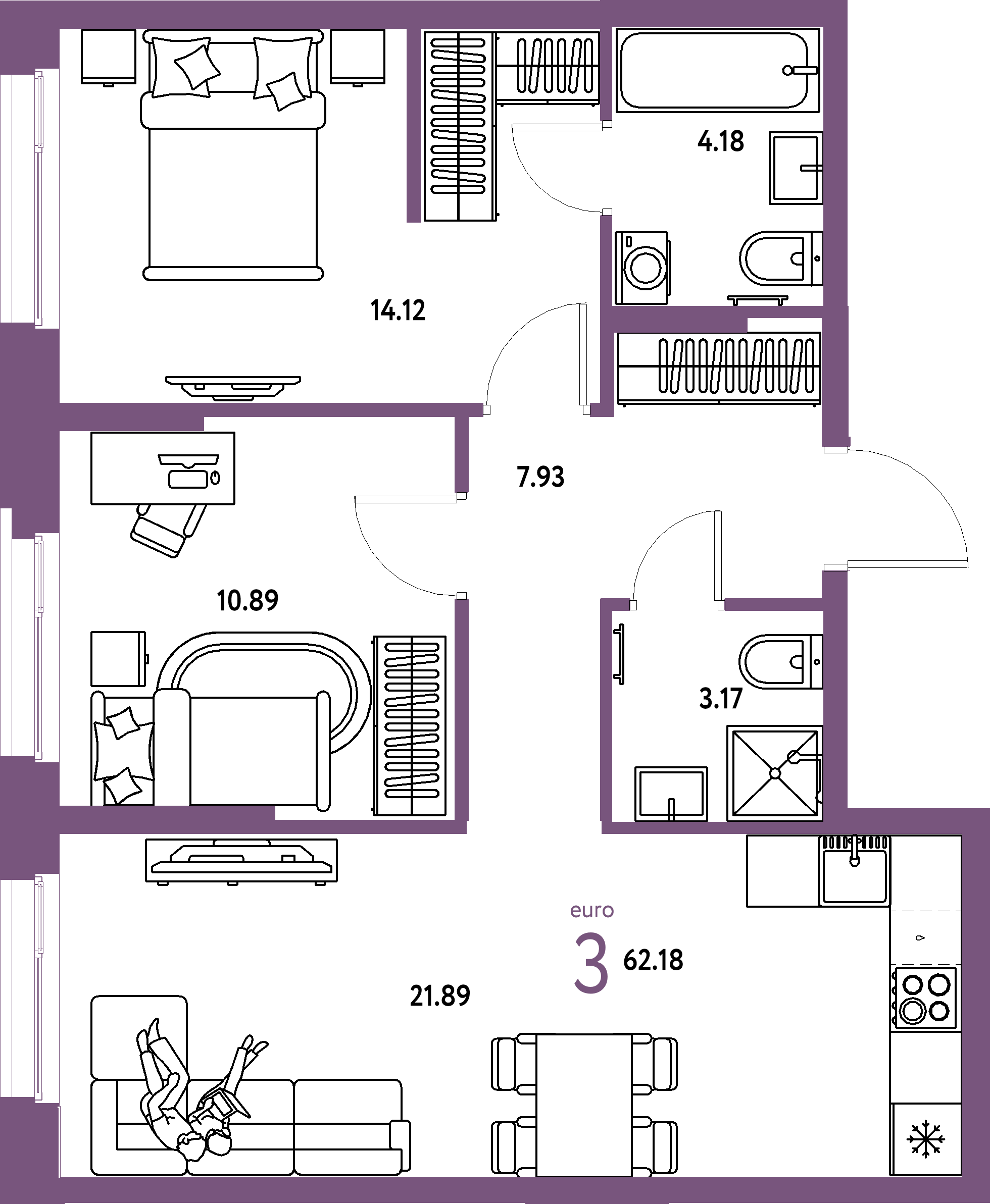 ЖК "Европейский берег 2.0"-3-комнатная 62.18 м²