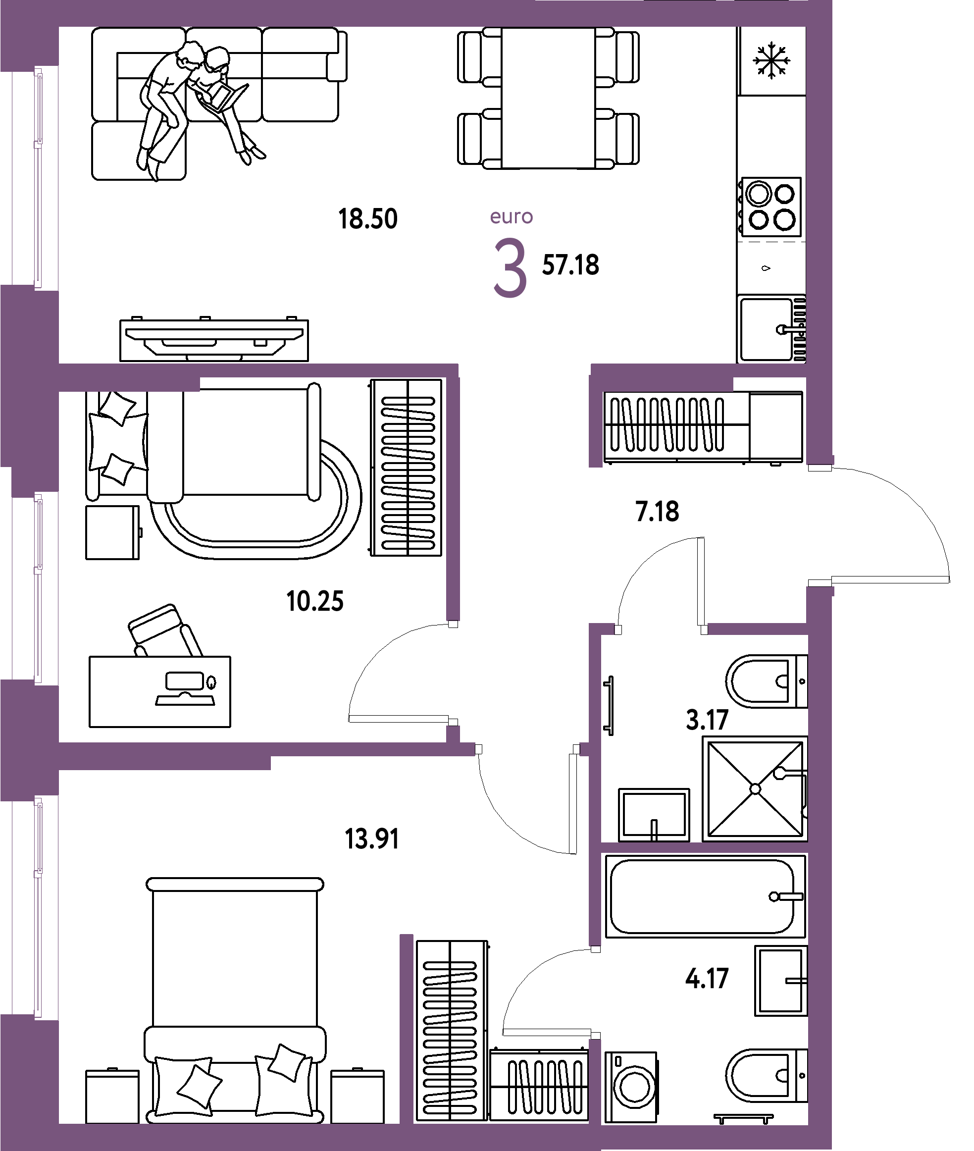 ЖК "Европейский берег 2.0"-3-комнатная 57.18 м²