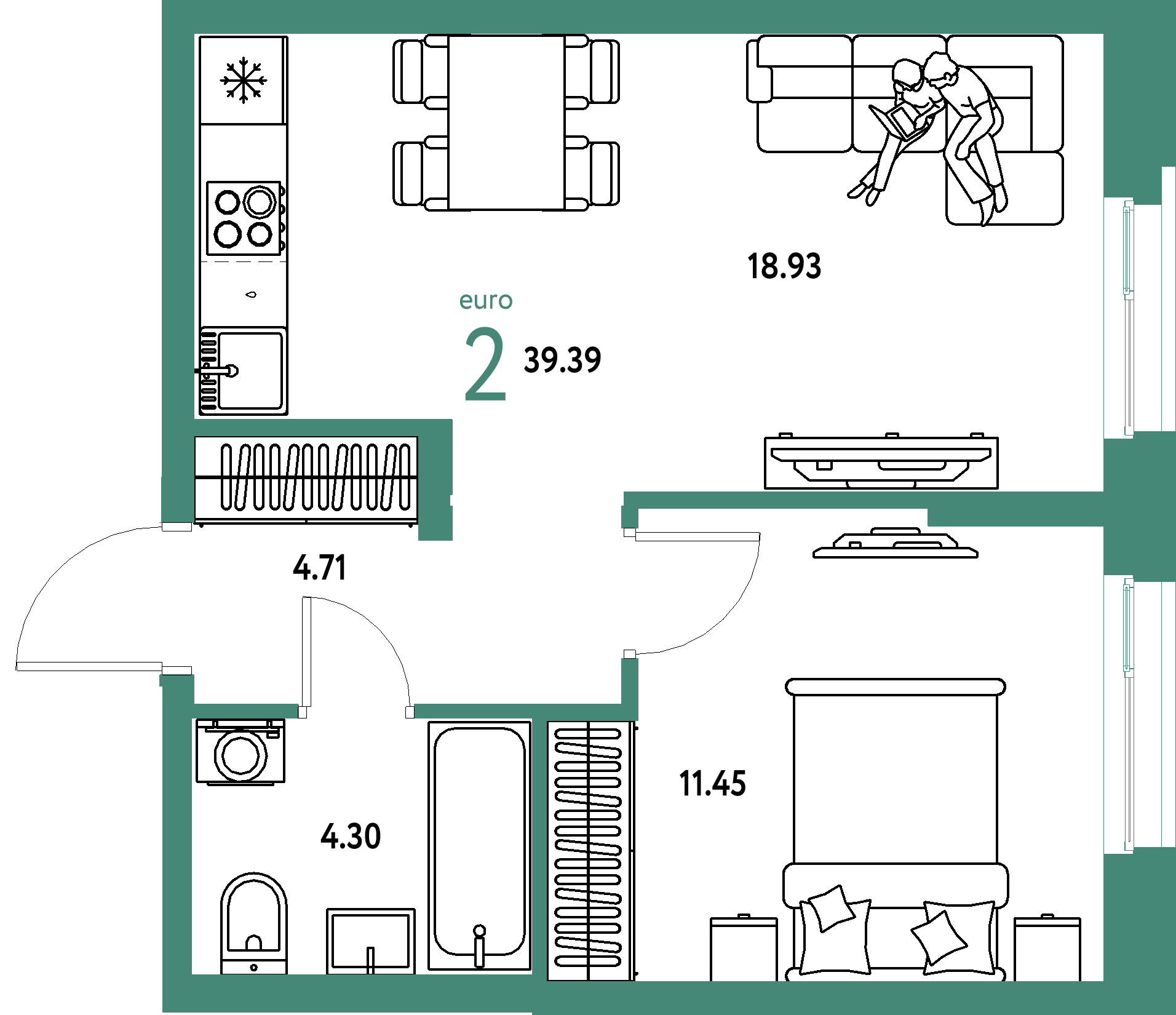ЖК "Европейский берег 2.0"-2-комнатная 39.39 м²