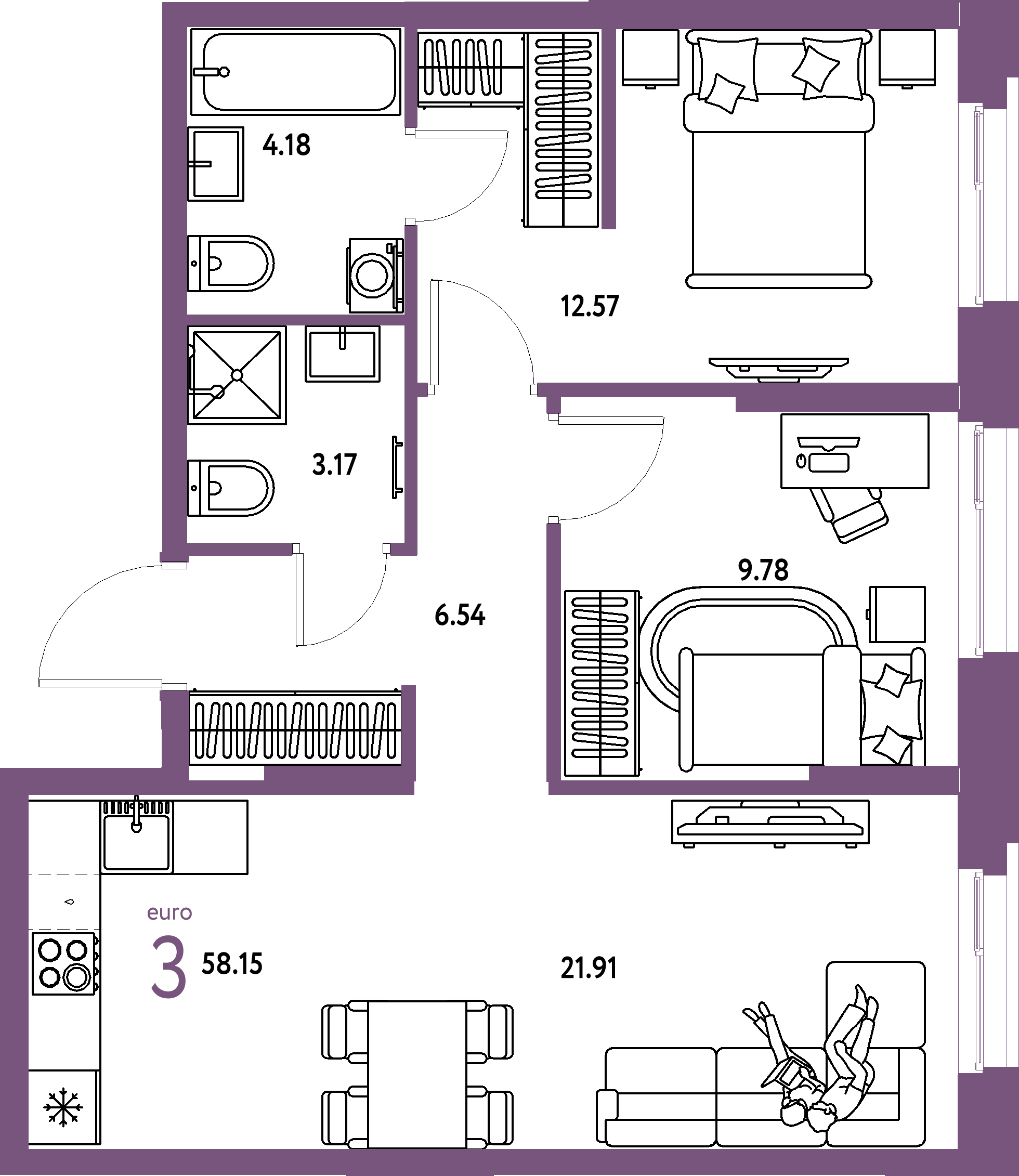 ЖК "Европейский берег 2.0"-3-комнатная 58.15 м²