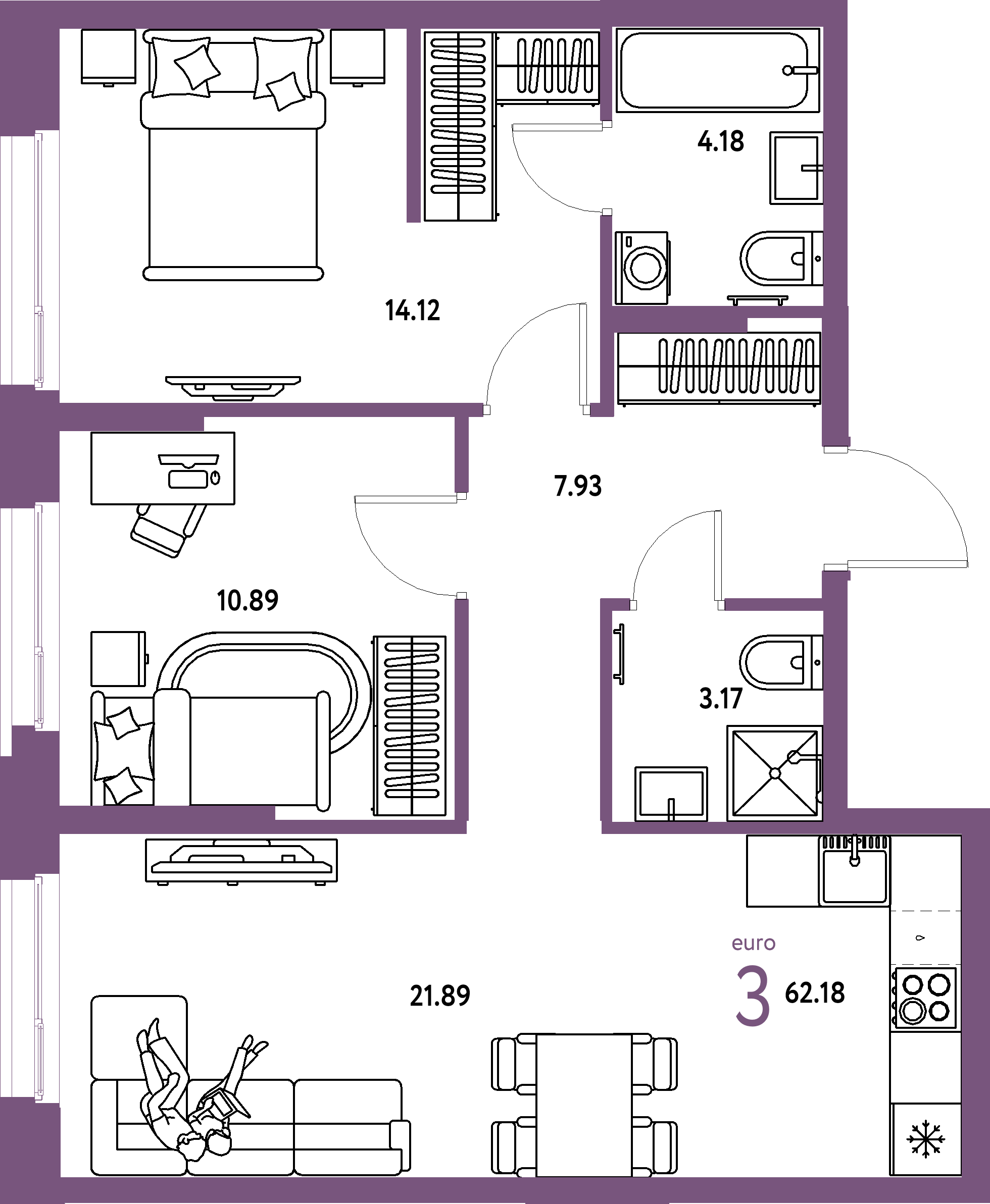 ЖК "Европейский берег 2.0"-3-комнатная 62.18 м²