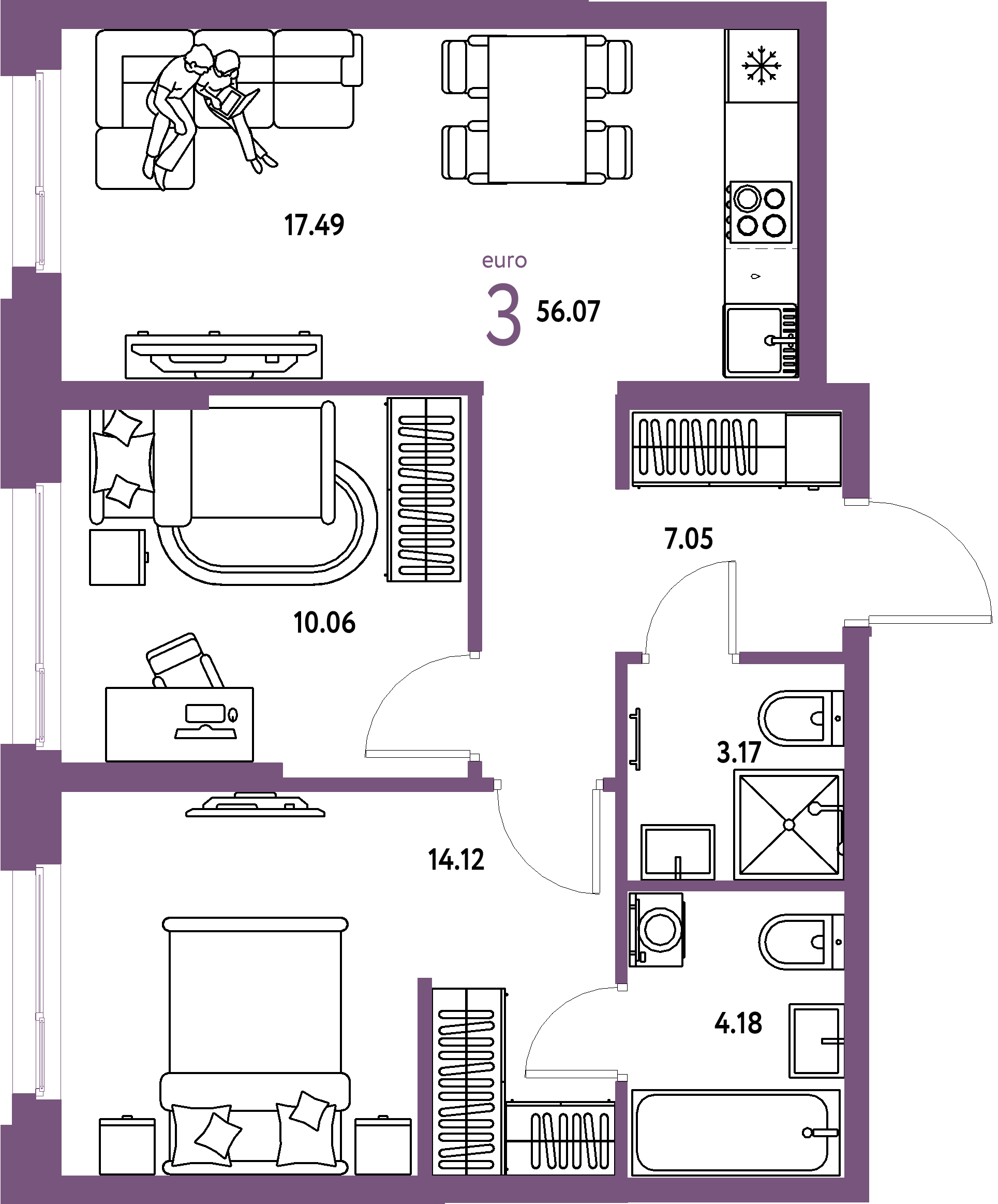 ЖК "Европейский берег 2.0"-3-комнатная 56.07 м²