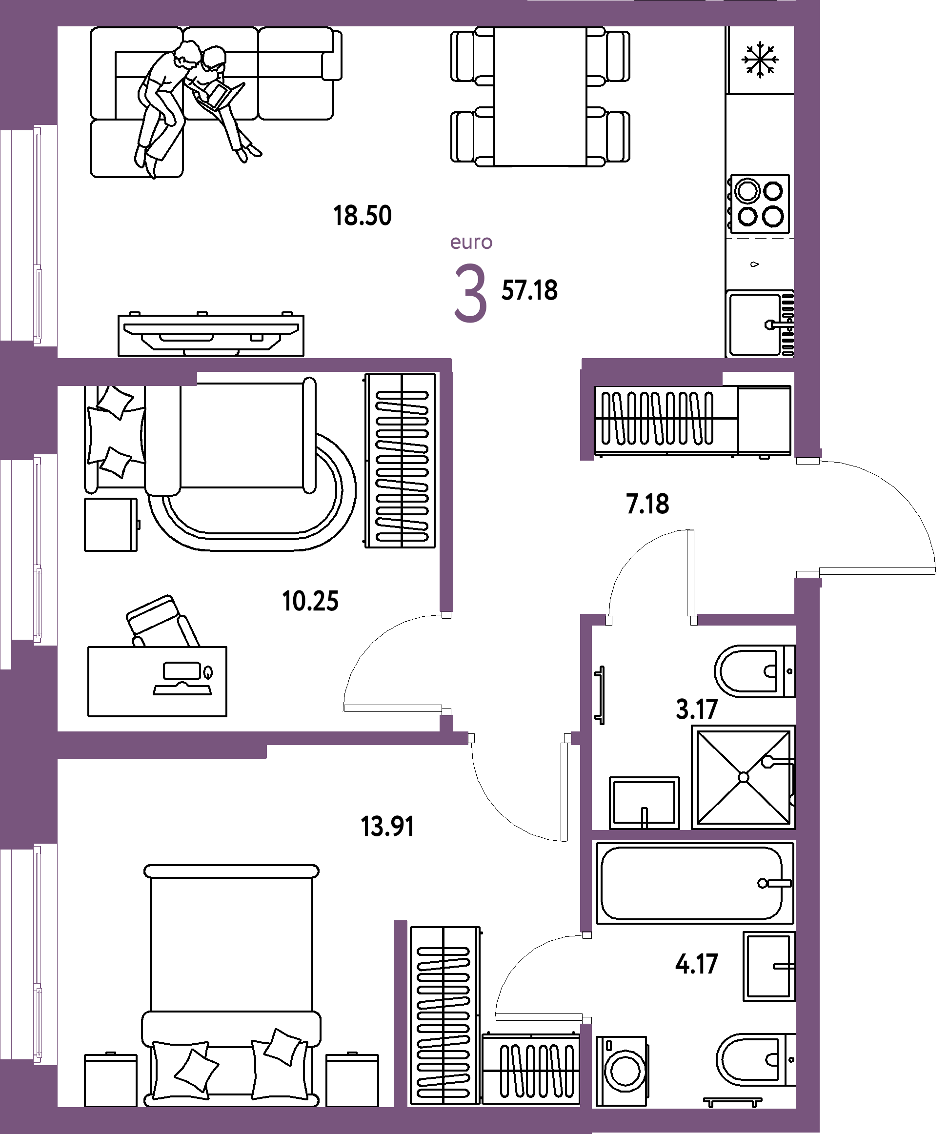 ЖК "Европейский берег 2.0"-3-комнатная 57.18 м²