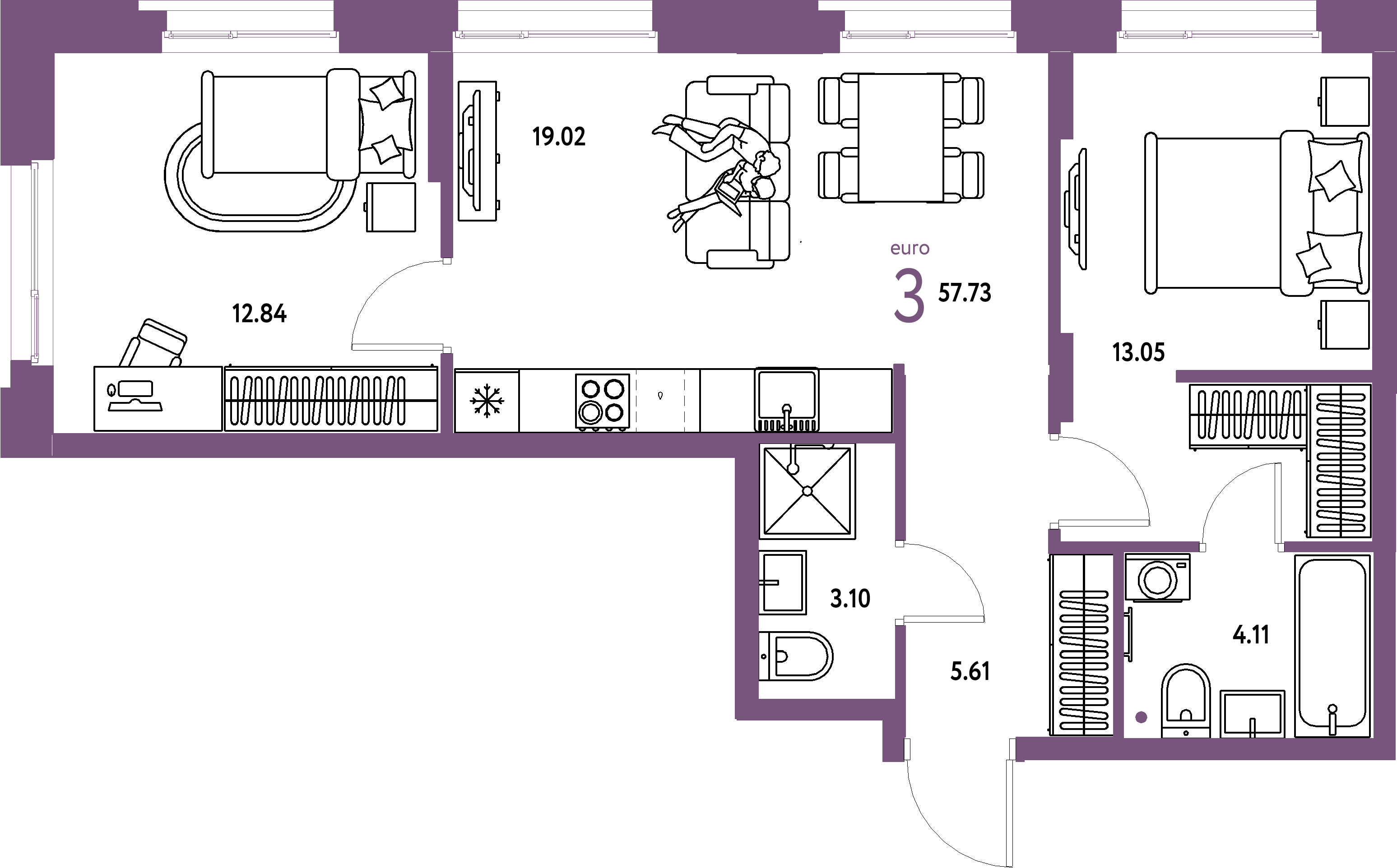 ЖК "Европейский берег 2.0"-3-комнатная 57.73 м²