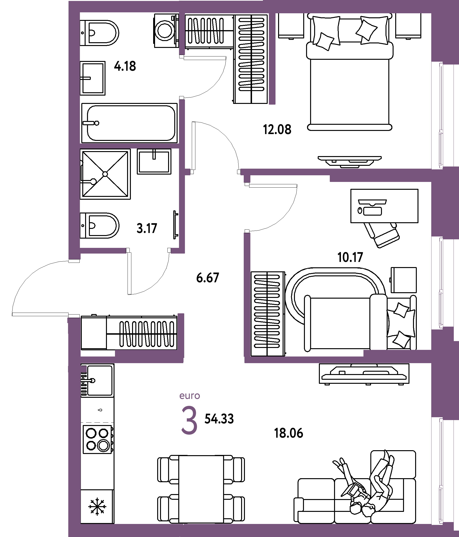 ЖК "Европейский берег 2.0"-3-комнатная 54.33 м²