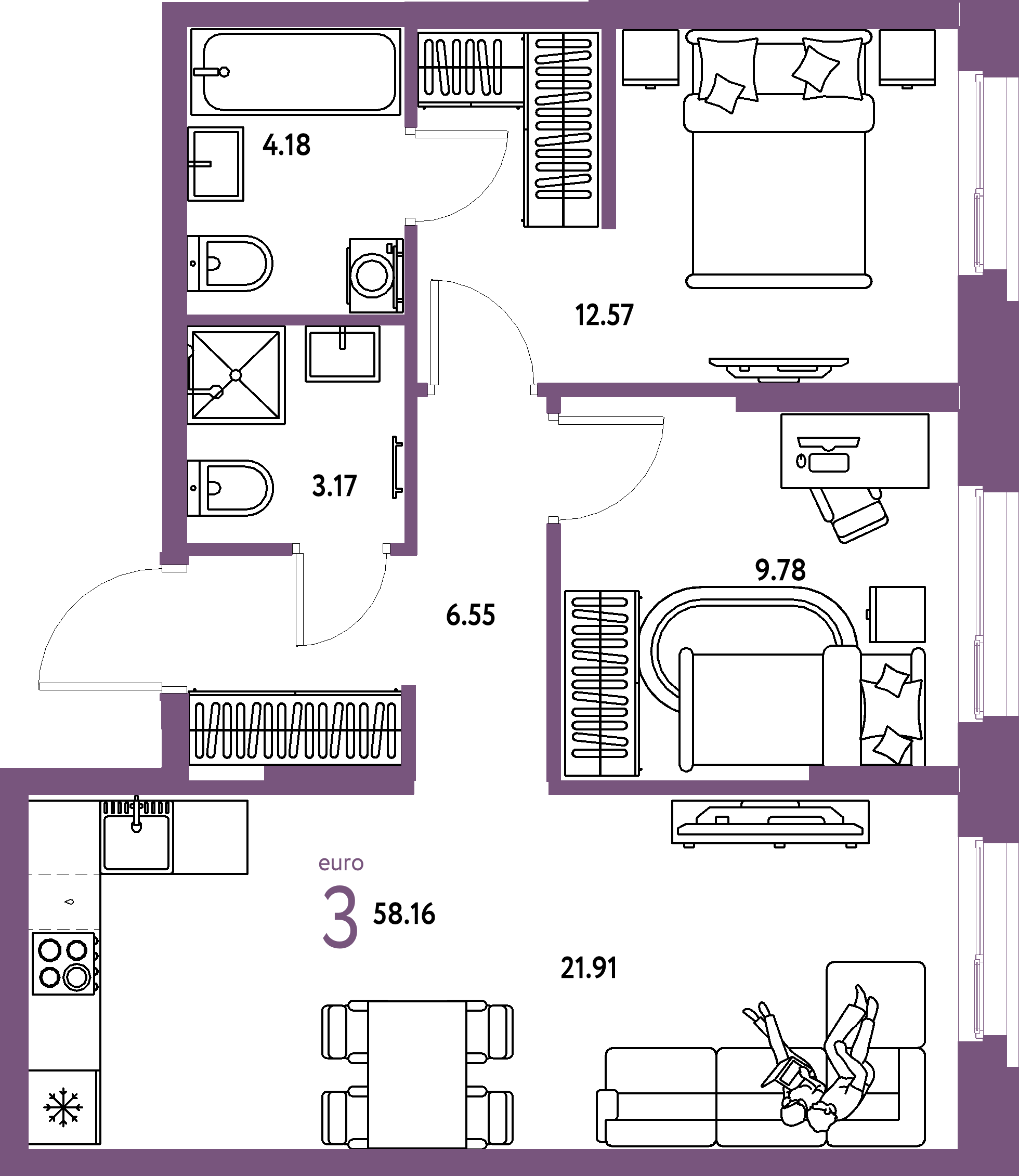 ЖК "Европейский берег 2.0"-3-комнатная 58.16 м²