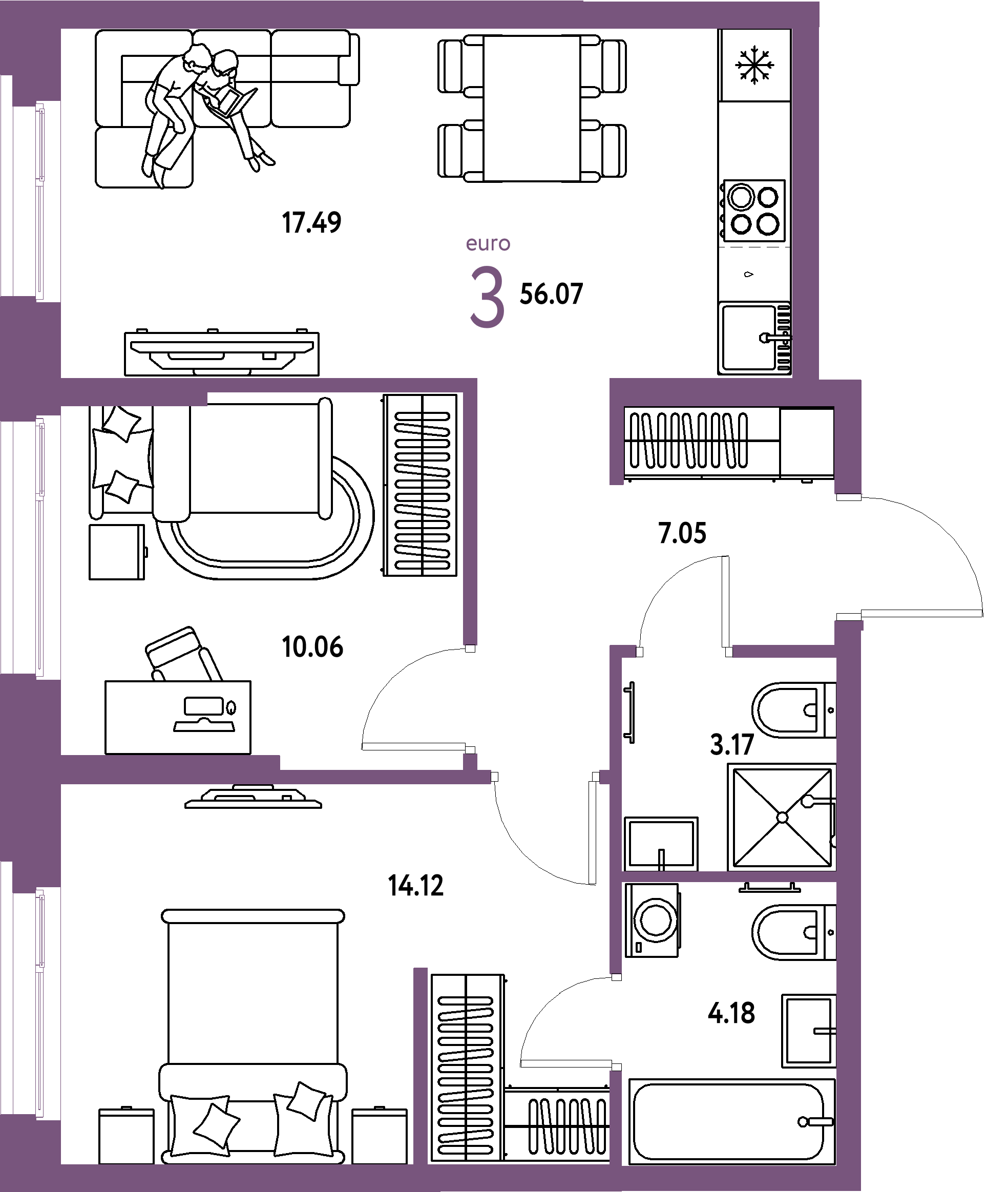 ЖК "Европейский берег 2.0"-3-комнатная 56.07 м²