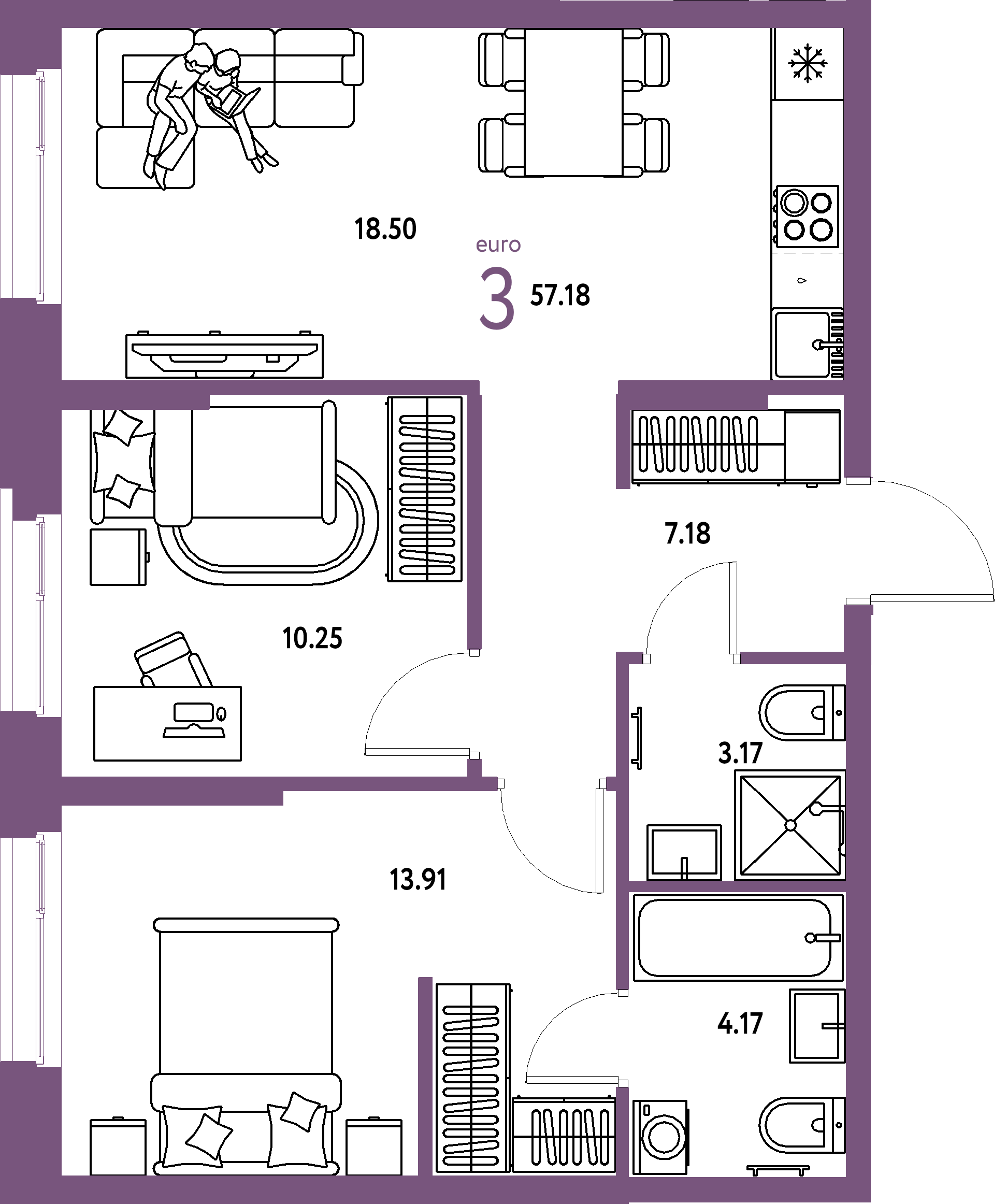 ЖК "Европейский берег 2.0"-3-комнатная 57.18 м²
