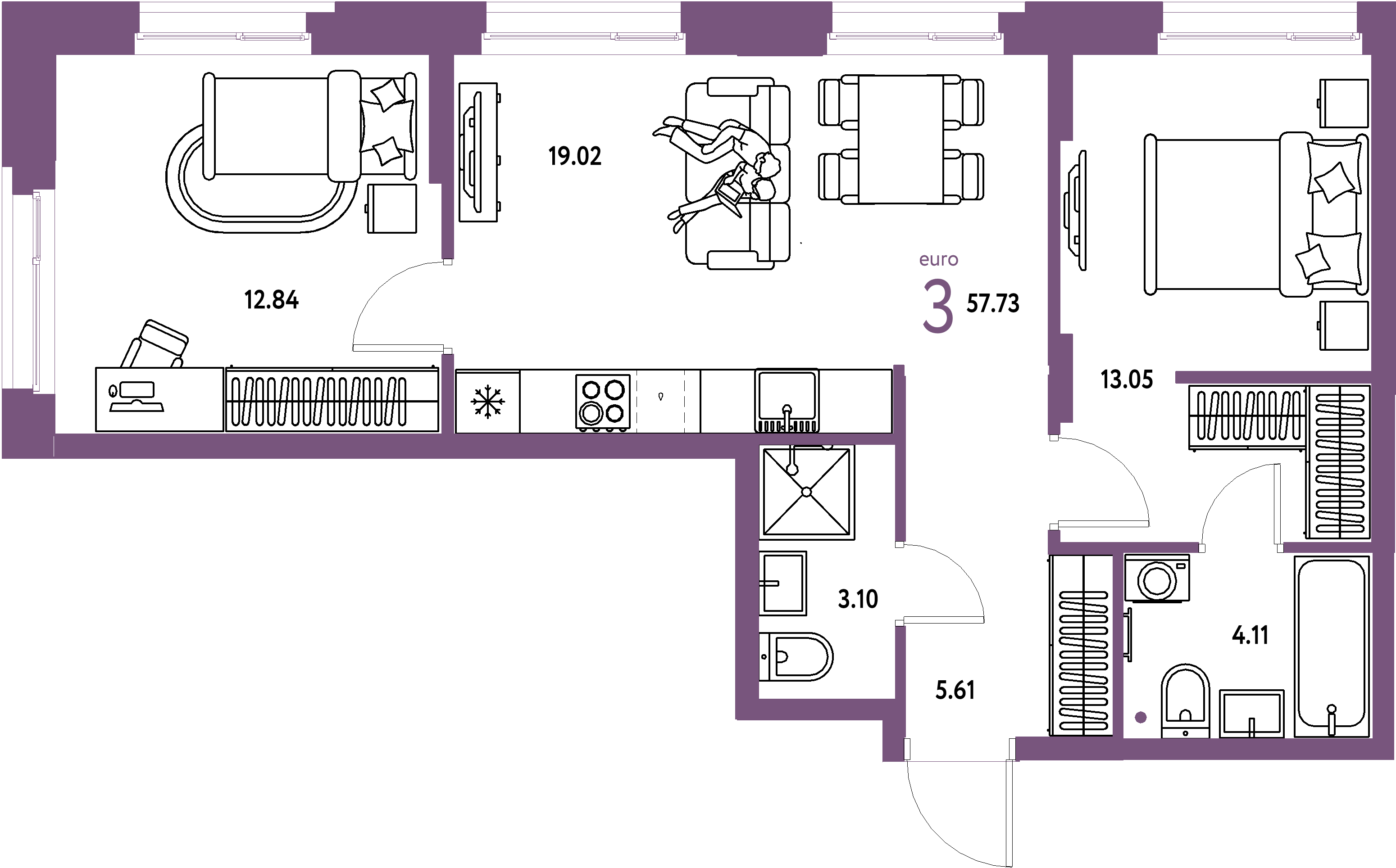 ЖК "Европейский берег 2.0"-3-комнатная 57.73 м²