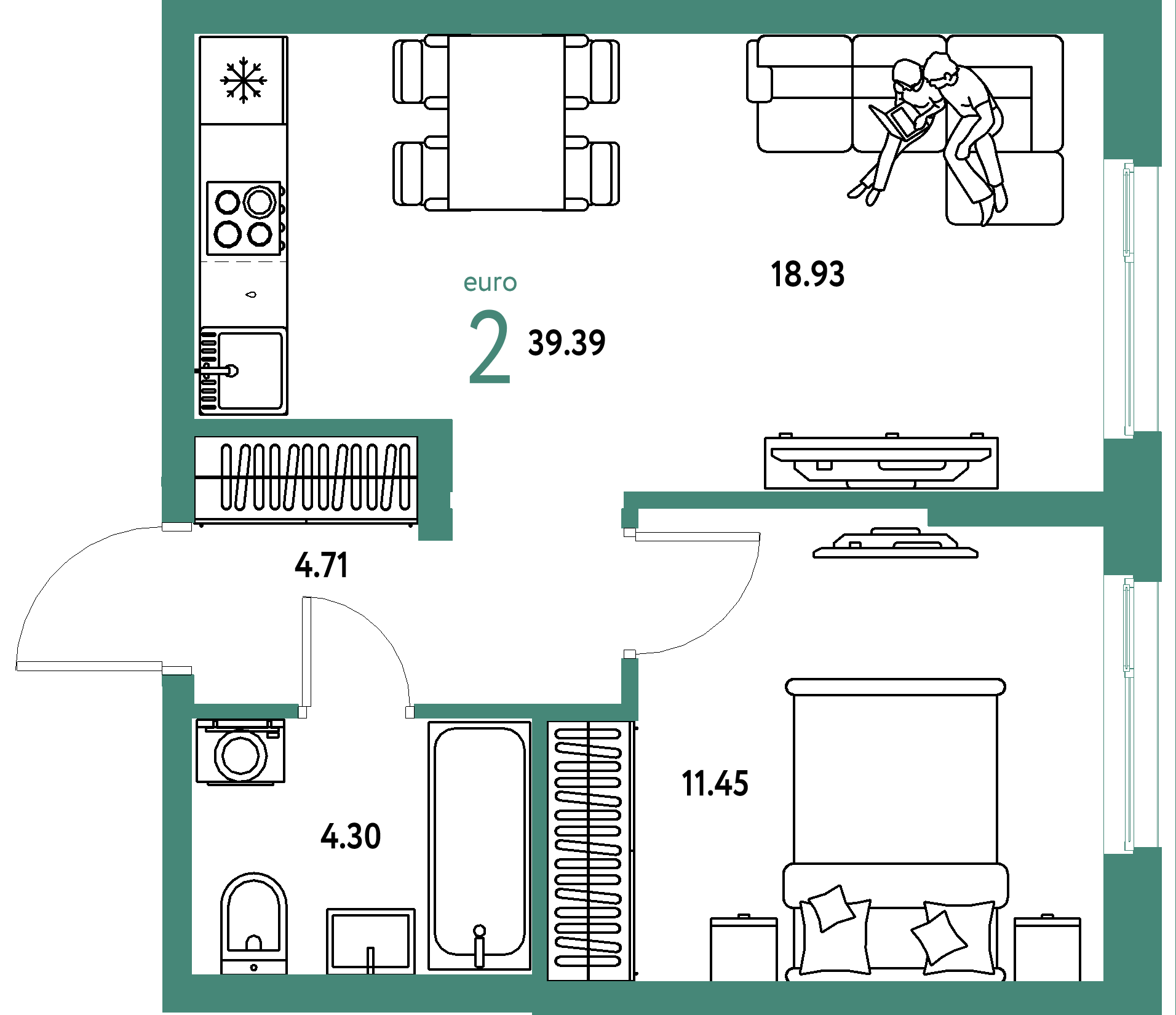 ЖК "Европейский берег 2.0"-2-комнатная 39.39 м²