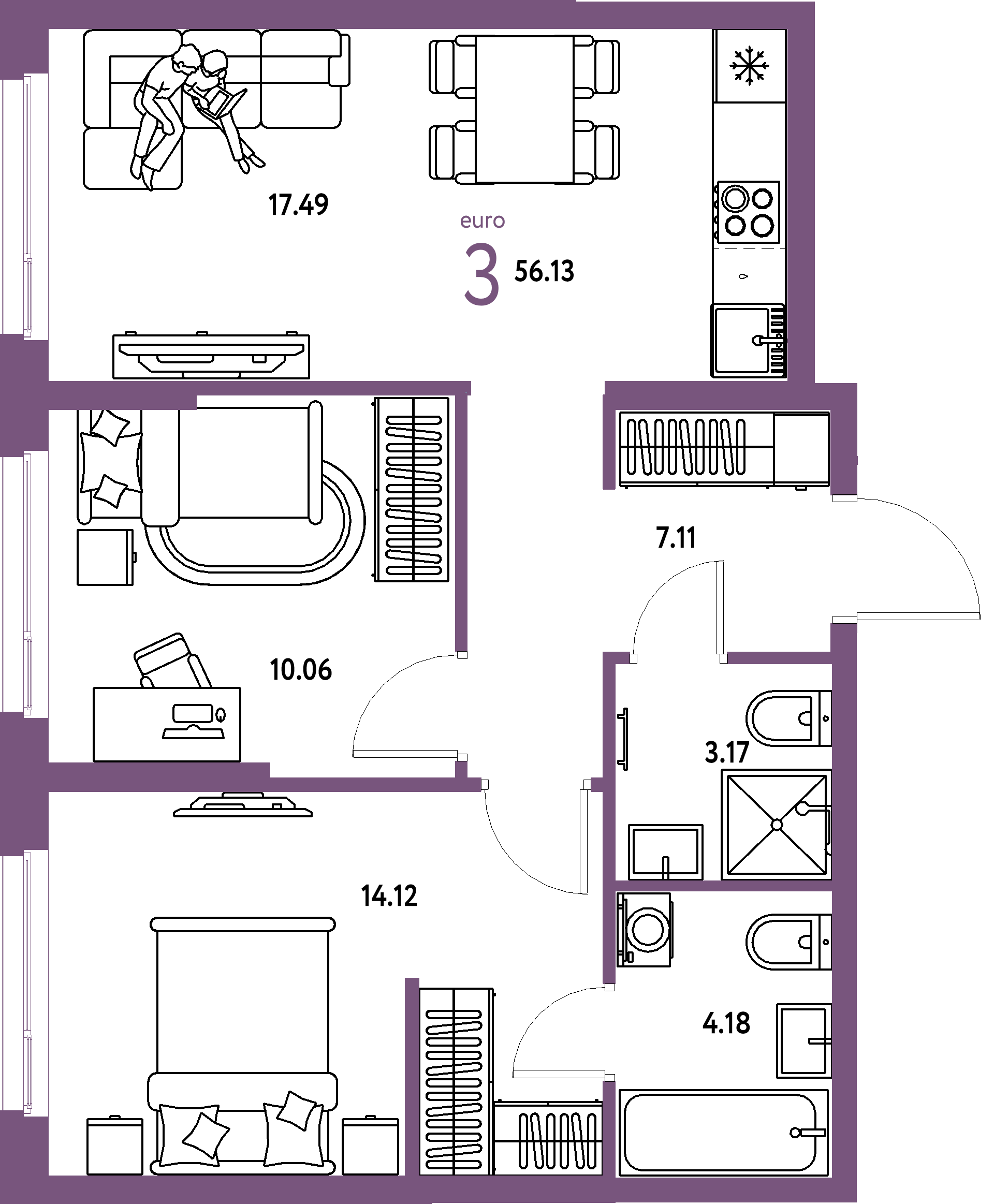 ЖК "Европейский берег 2.0"-3-комнатная 56.13 м²