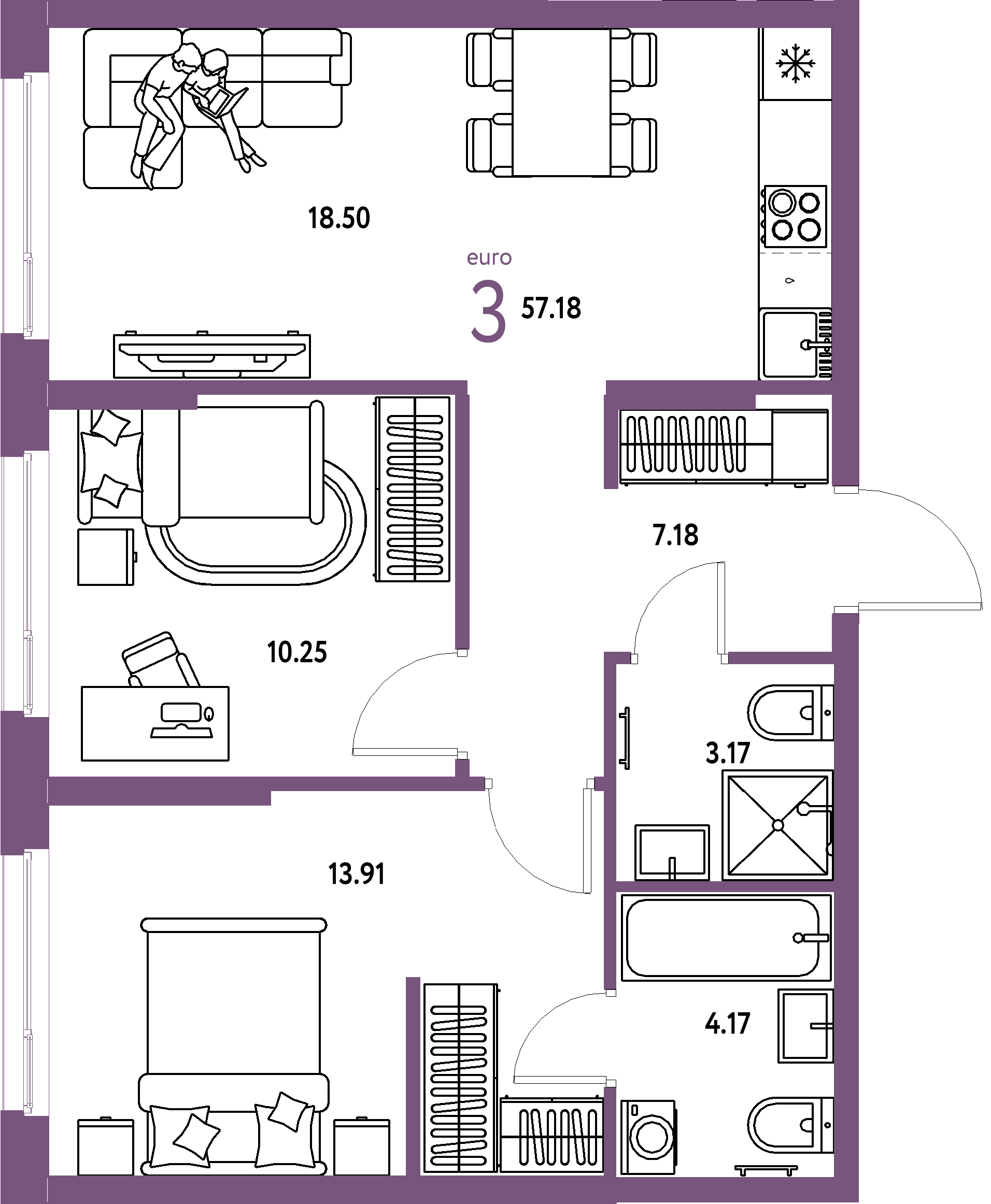 ЖК "Европейский берег 2.0"-3-комнатная 57.18 м²