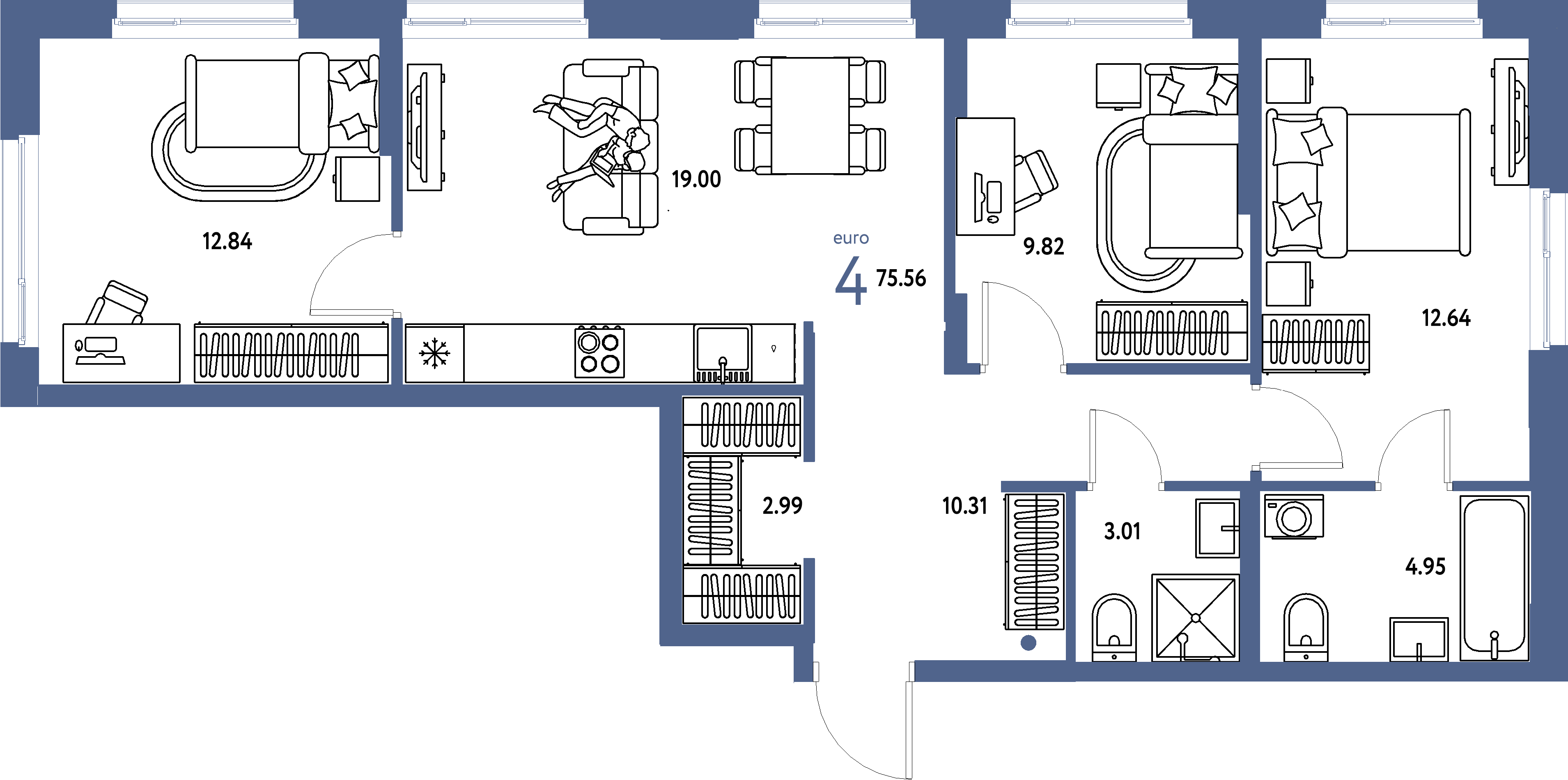 ЖК "Европейский берег 2.0"-4-комнатная 75.56 м²