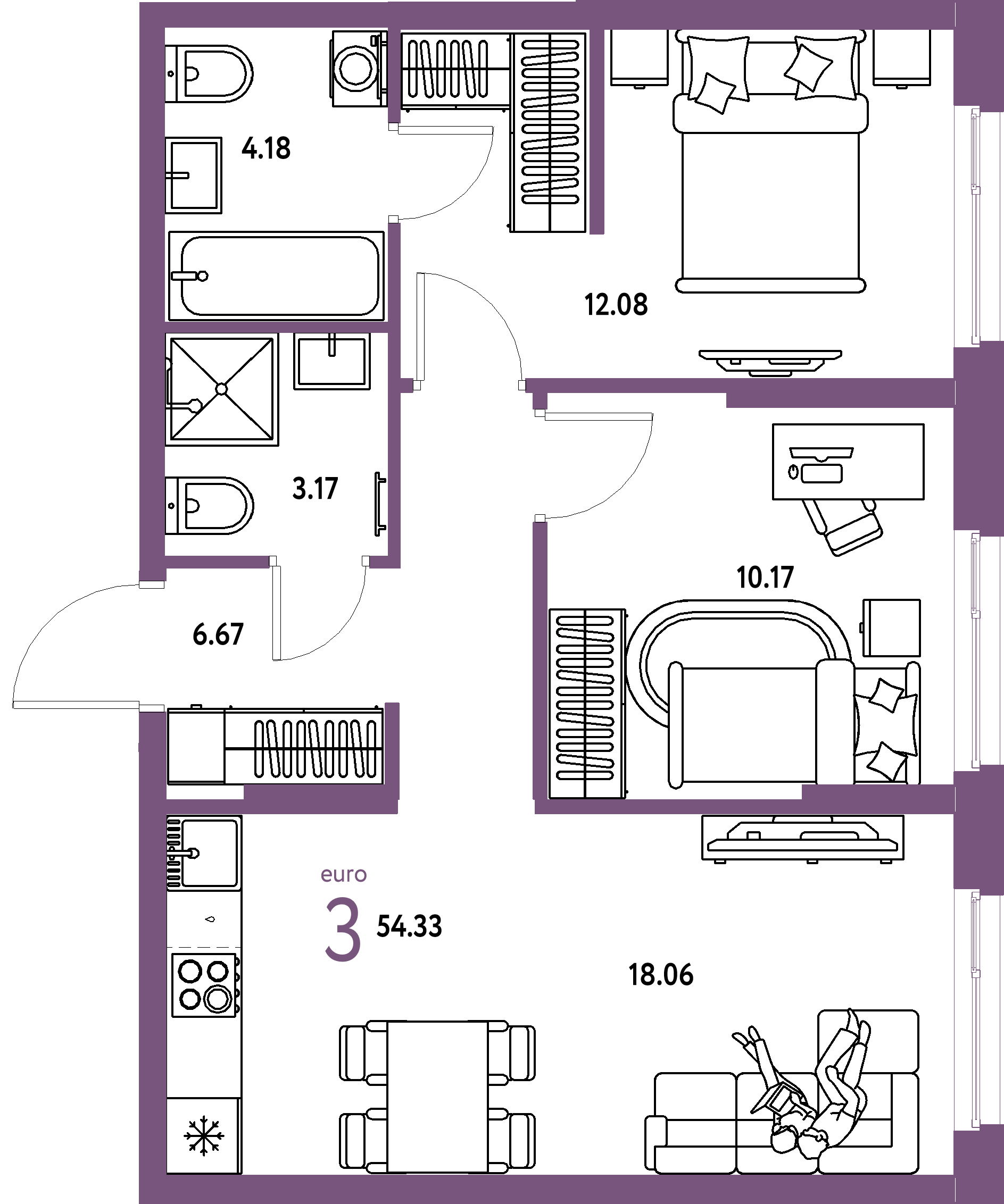 ЖК "Европейский берег 2.0"-3-комнатная 54.33 м²