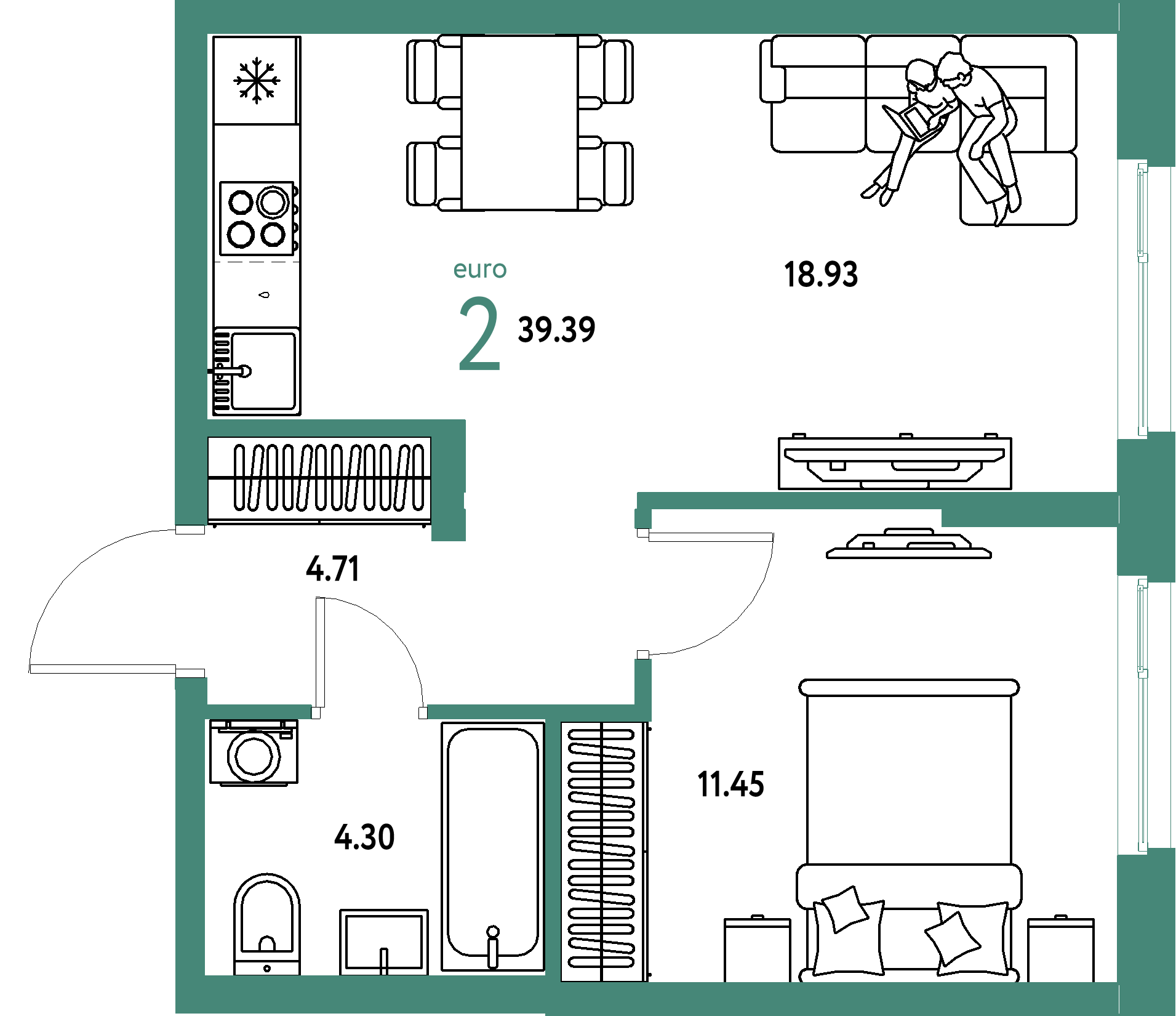 ЖК "Европейский берег 2.0"-2-комнатная 39.39 м²