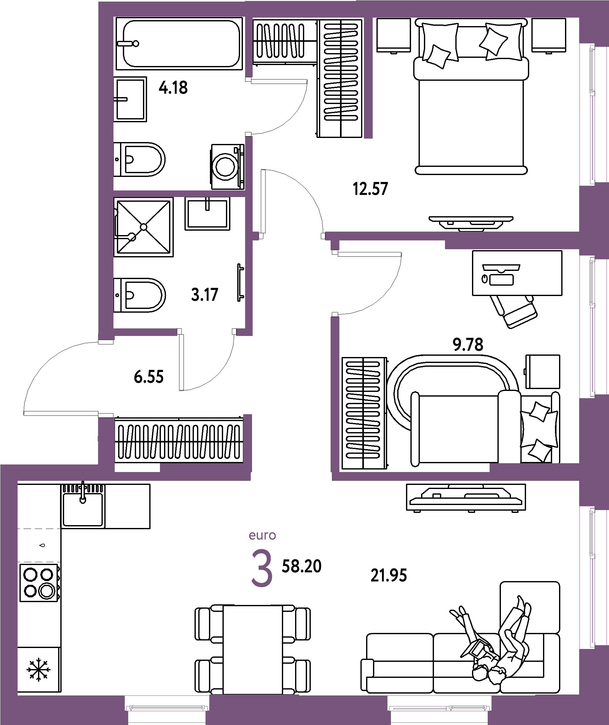 ЖК "Европейский берег 2.0"-3-комнатная 58.2 м²