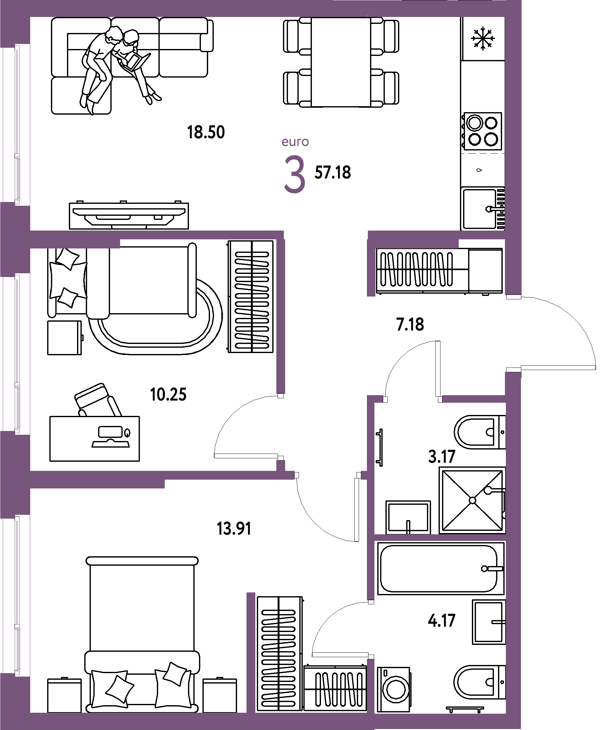 ЖК "Европейский берег 2.0"-3-комнатная 57.18 м²