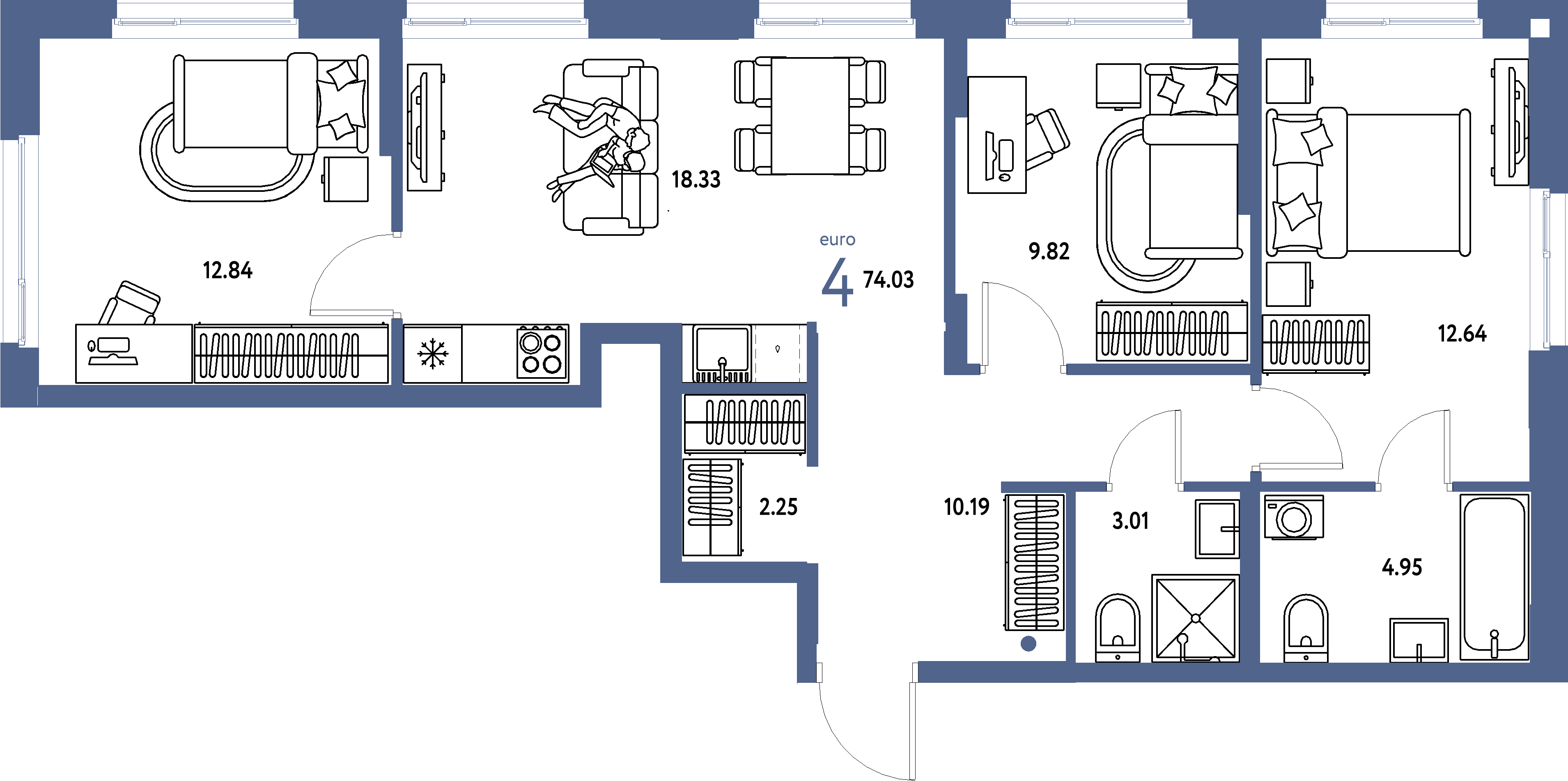 ЖК "Европейский берег 2.0"-4-комнатная 74.03 м²