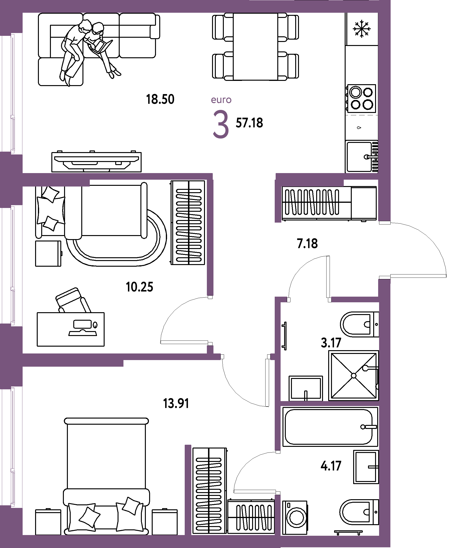 ЖК "Европейский берег 2.0"-3-комнатная 57.18 м²