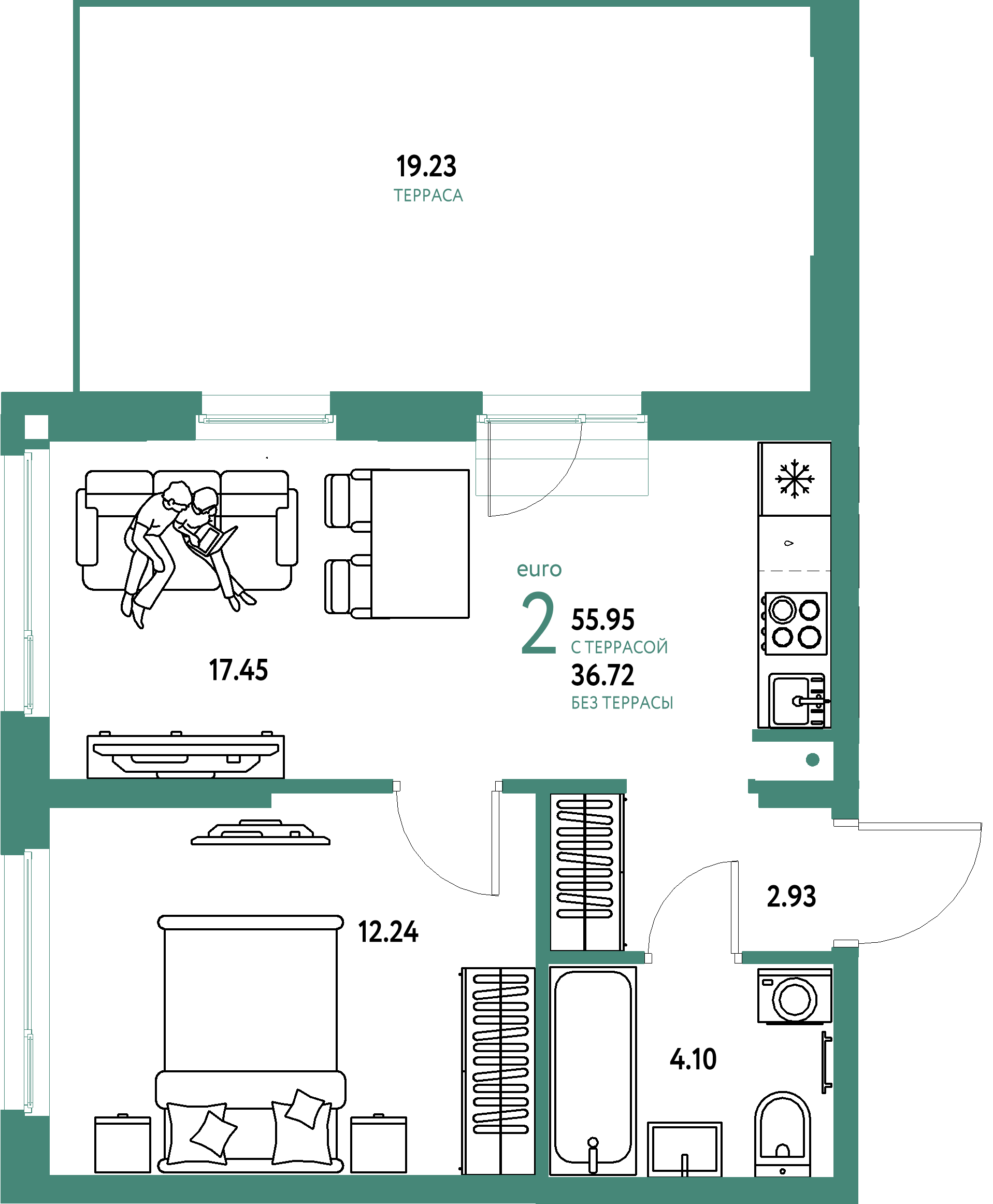 ЖК "Европейский берег 2.0"-2-комнатная 55.95 м²
