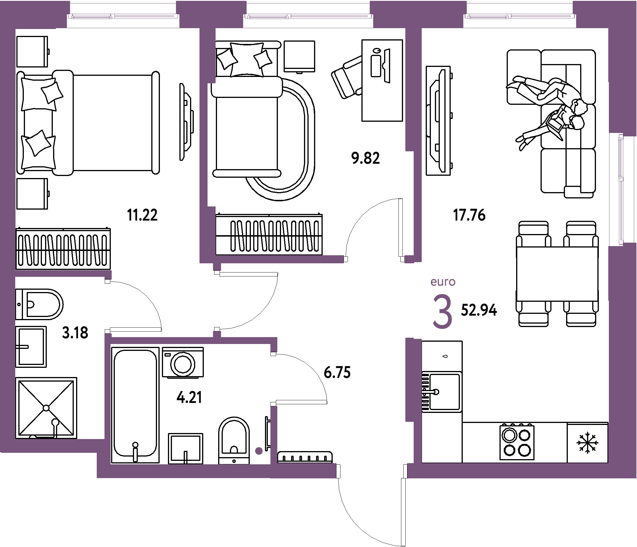 ЖК "Европейский берег 2.0"-3-комнатная 52.94 м²