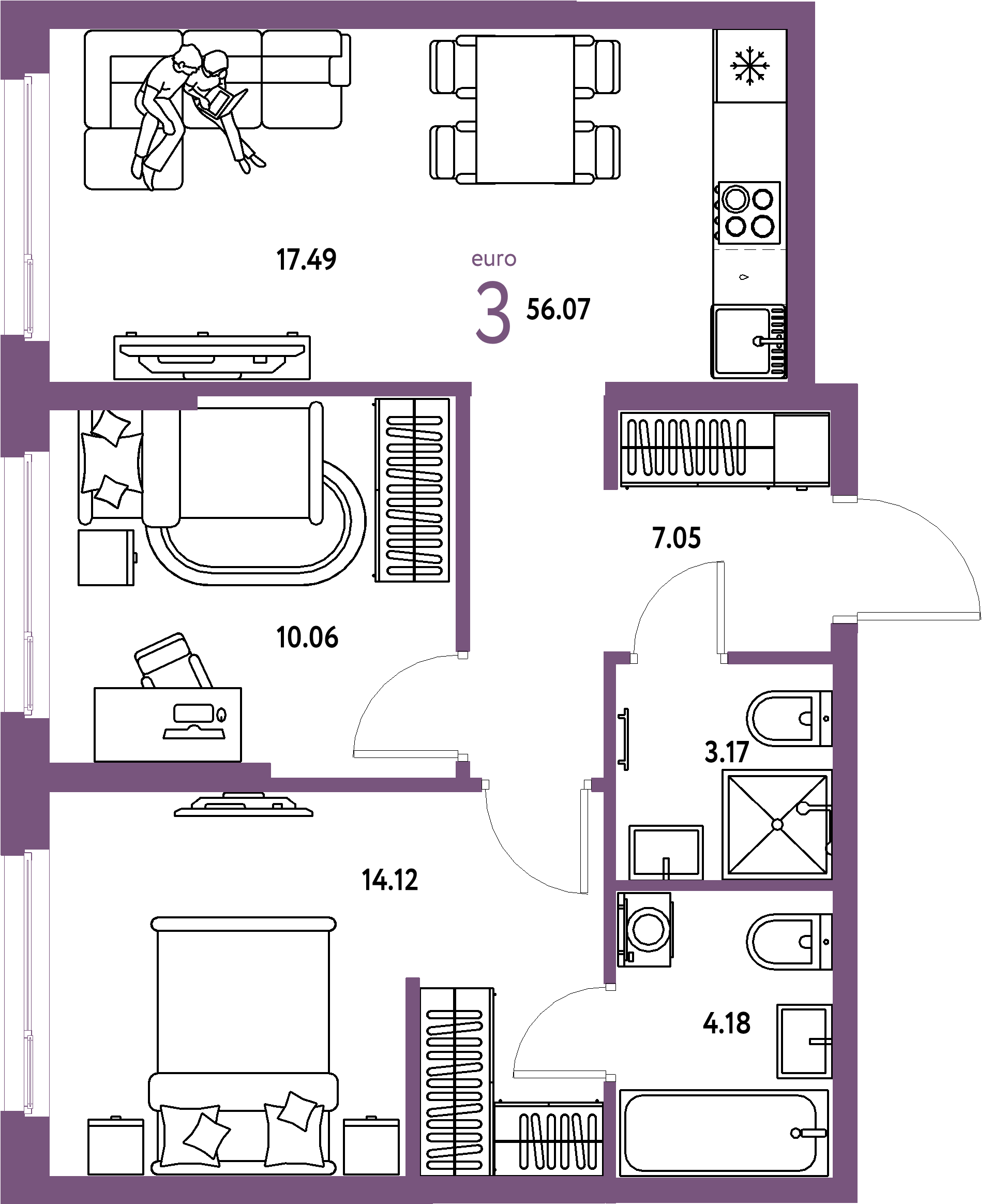 ЖК "Европейский берег 2.0"-3-комнатная 56.07 м²