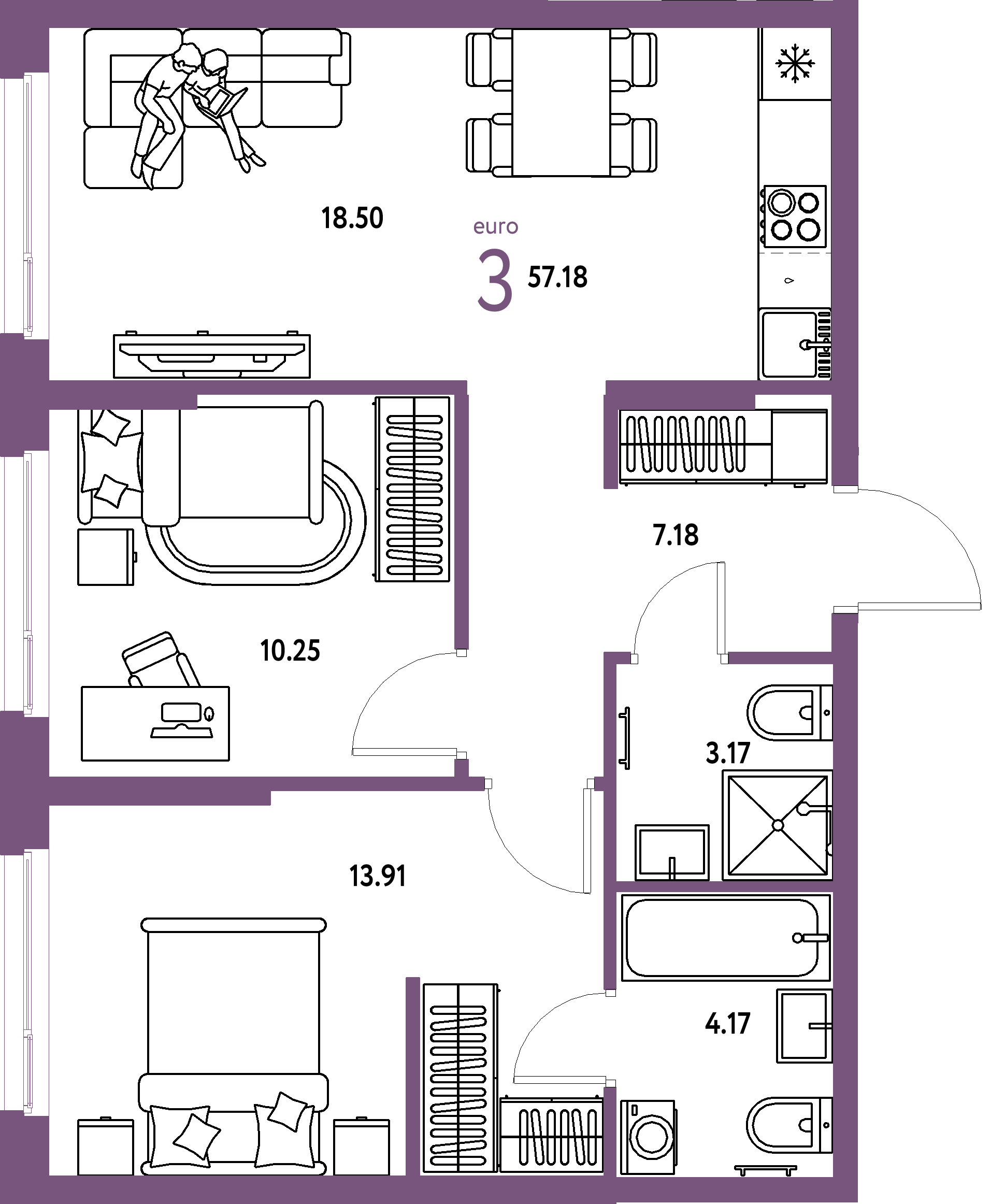 ЖК "Европейский берег 2.0"-3-комнатная 57.18 м²