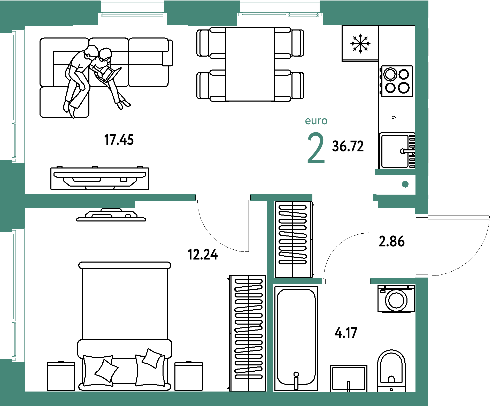 ЖК "Европейский берег 2.0"-2-комнатная 36.72 м²
