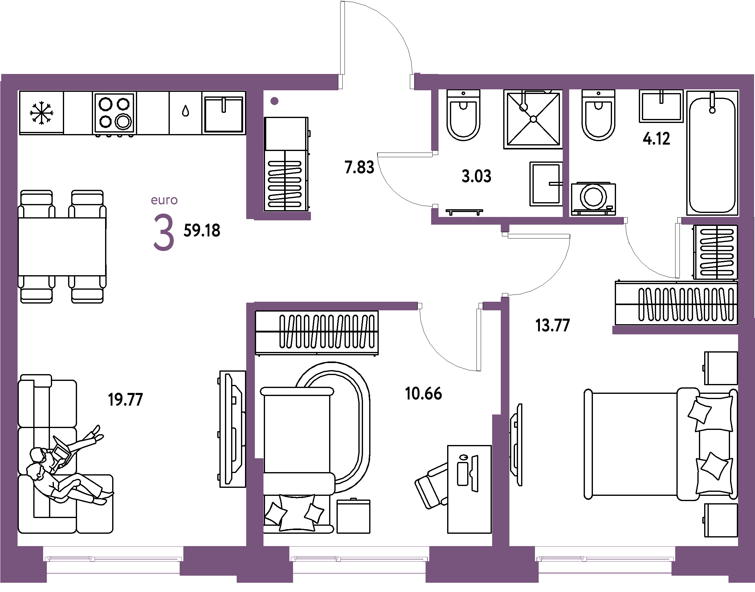 ЖК "Европейский берег 2.0"-3-комнатная 59.18 м²