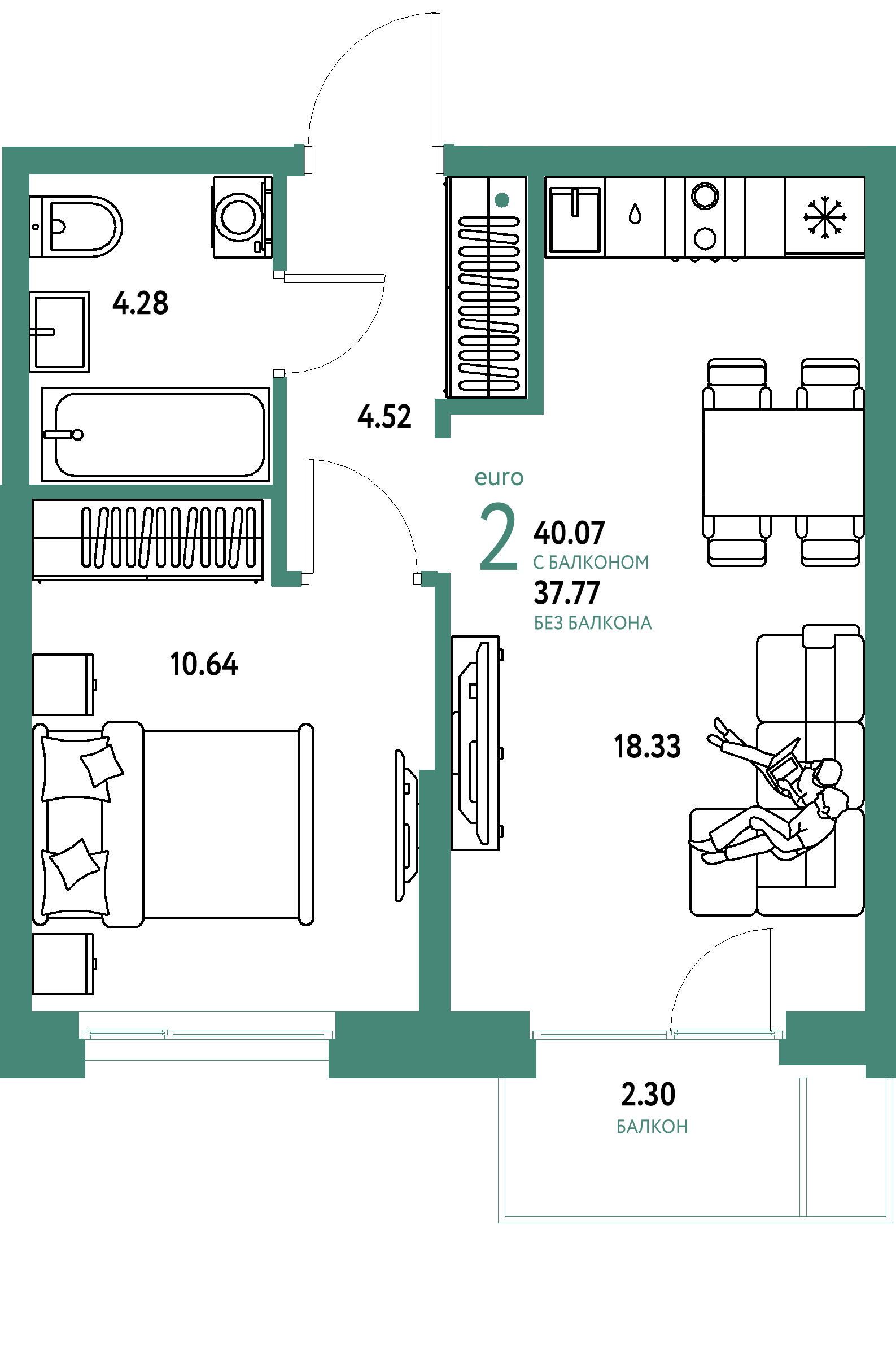 ЖК "Европейский берег 2.0"-2-комнатная 40.07 м²